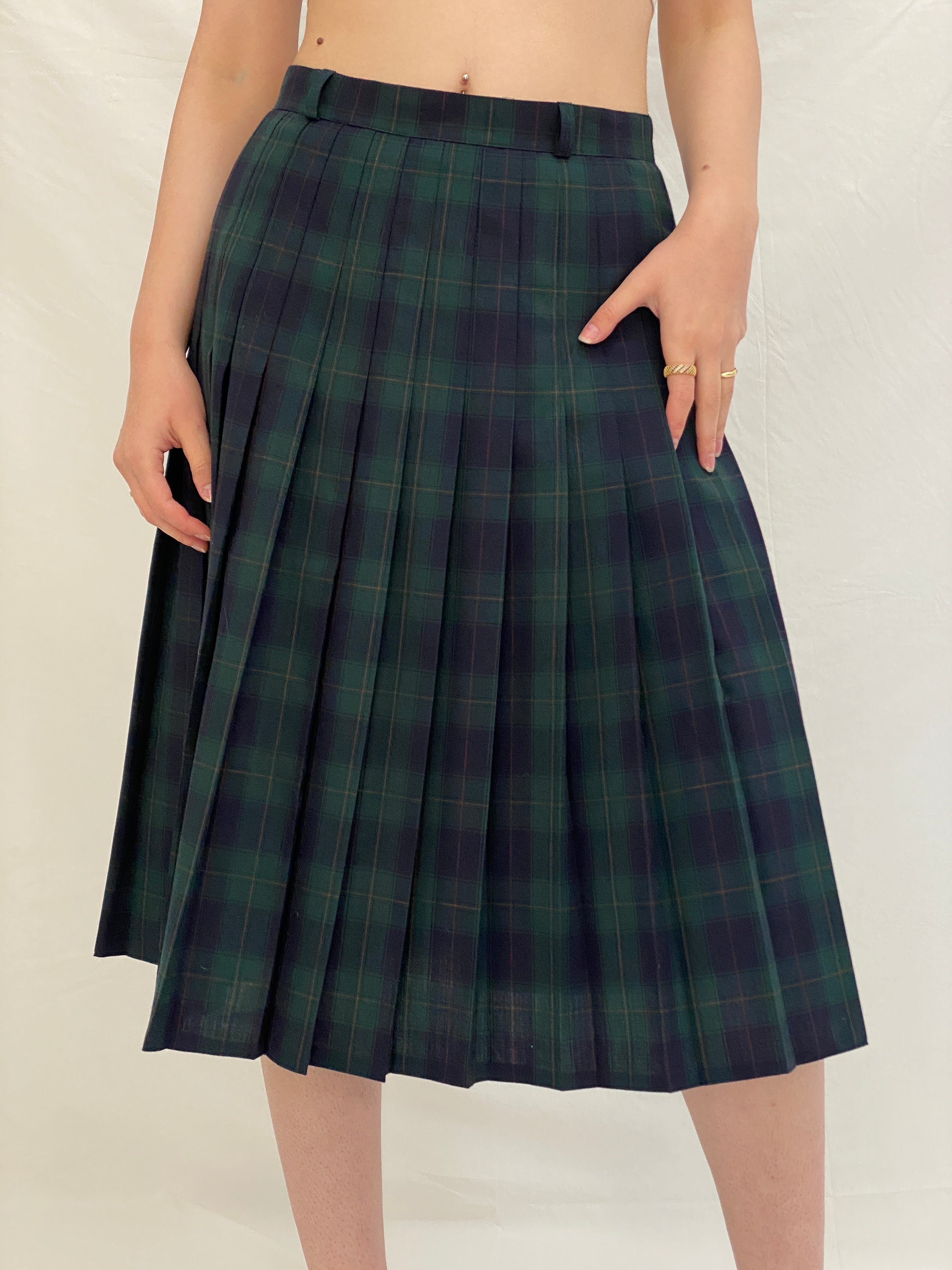 Vintage LADYS Preppy Green Plaid Tartan Clueless Pleated Midi Skirt - M