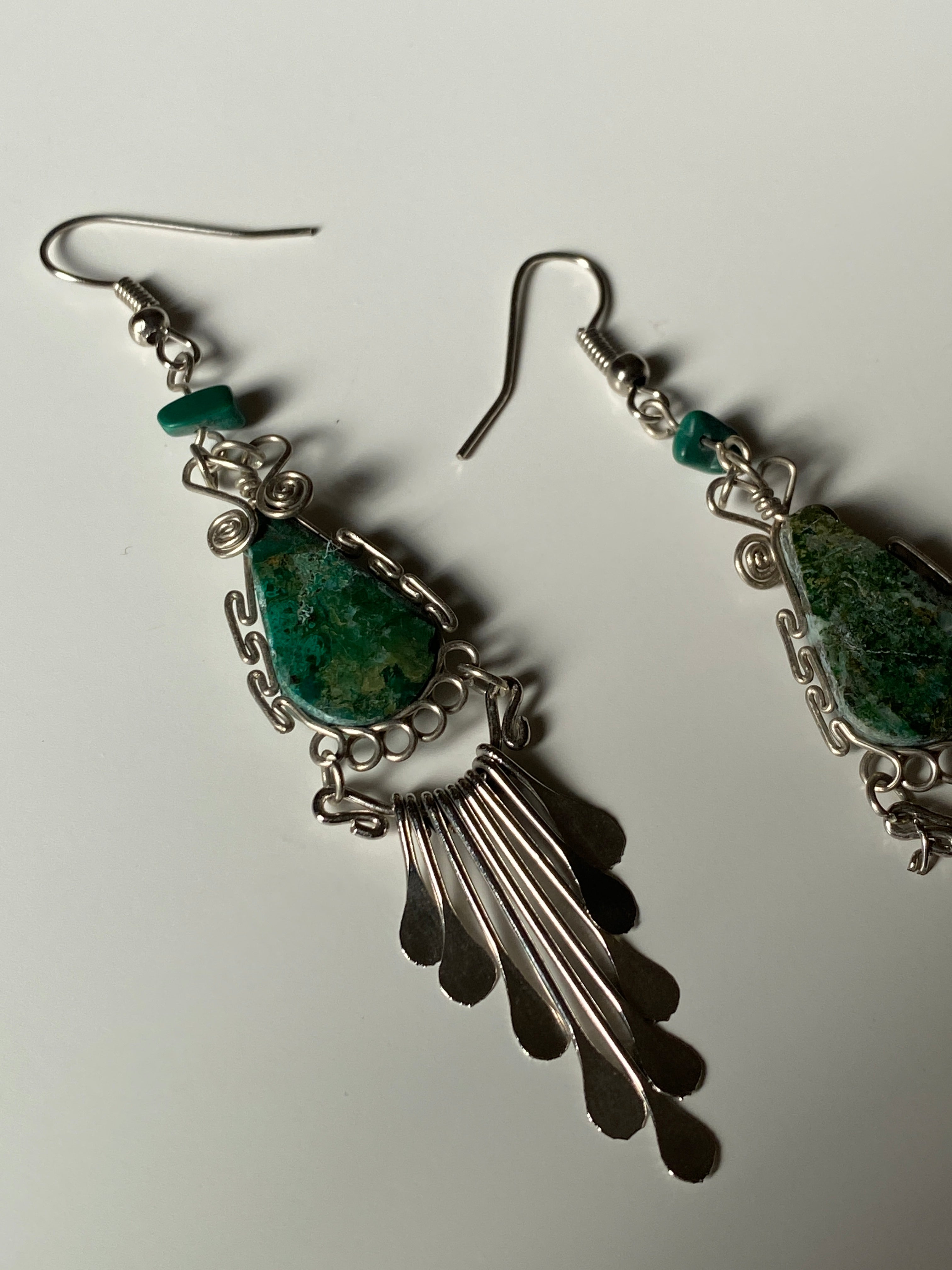 Artisan Wire-Wrapped Stone Drop Earrings – Green Turquoise-Tone with Silver Fringe Dangles