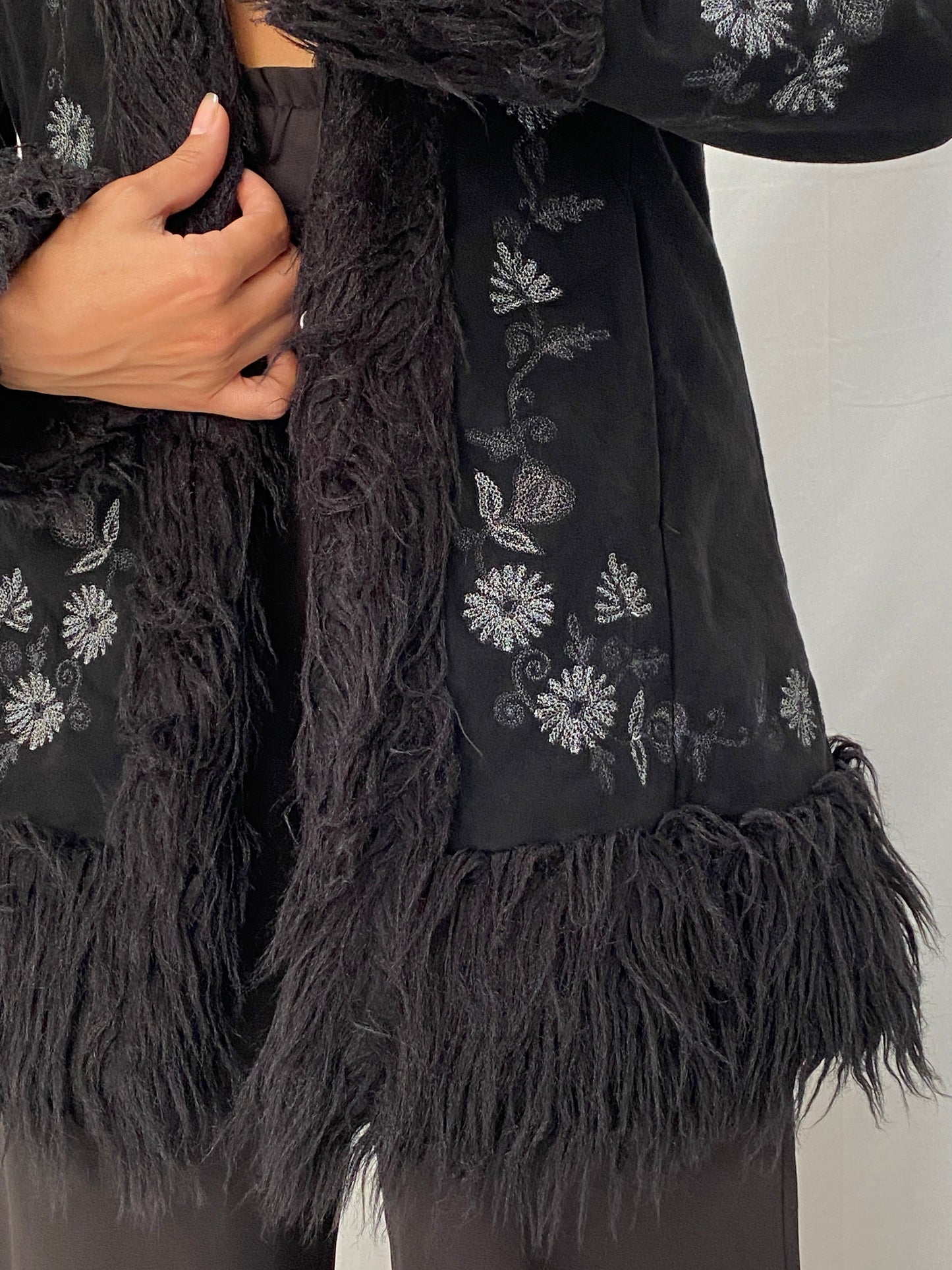 Vintage NEXT Black Embroidered Faux Suede Penny Lane Coat Y2K Boho Shaggy Trim Jacket - M