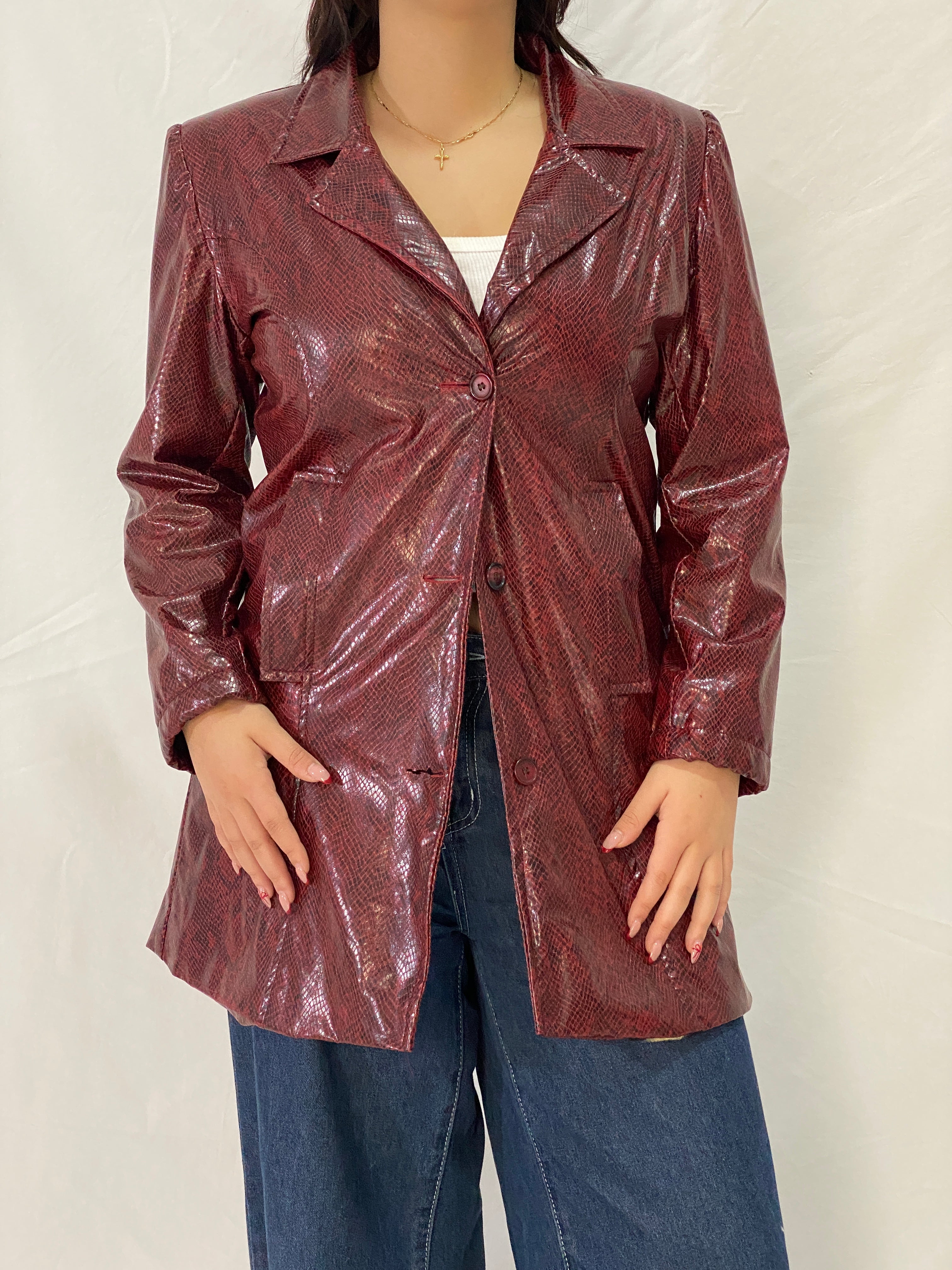 Vintage Burgundy Snakeskin Faux Leather Lined Coat with Leopard Print Interior – M