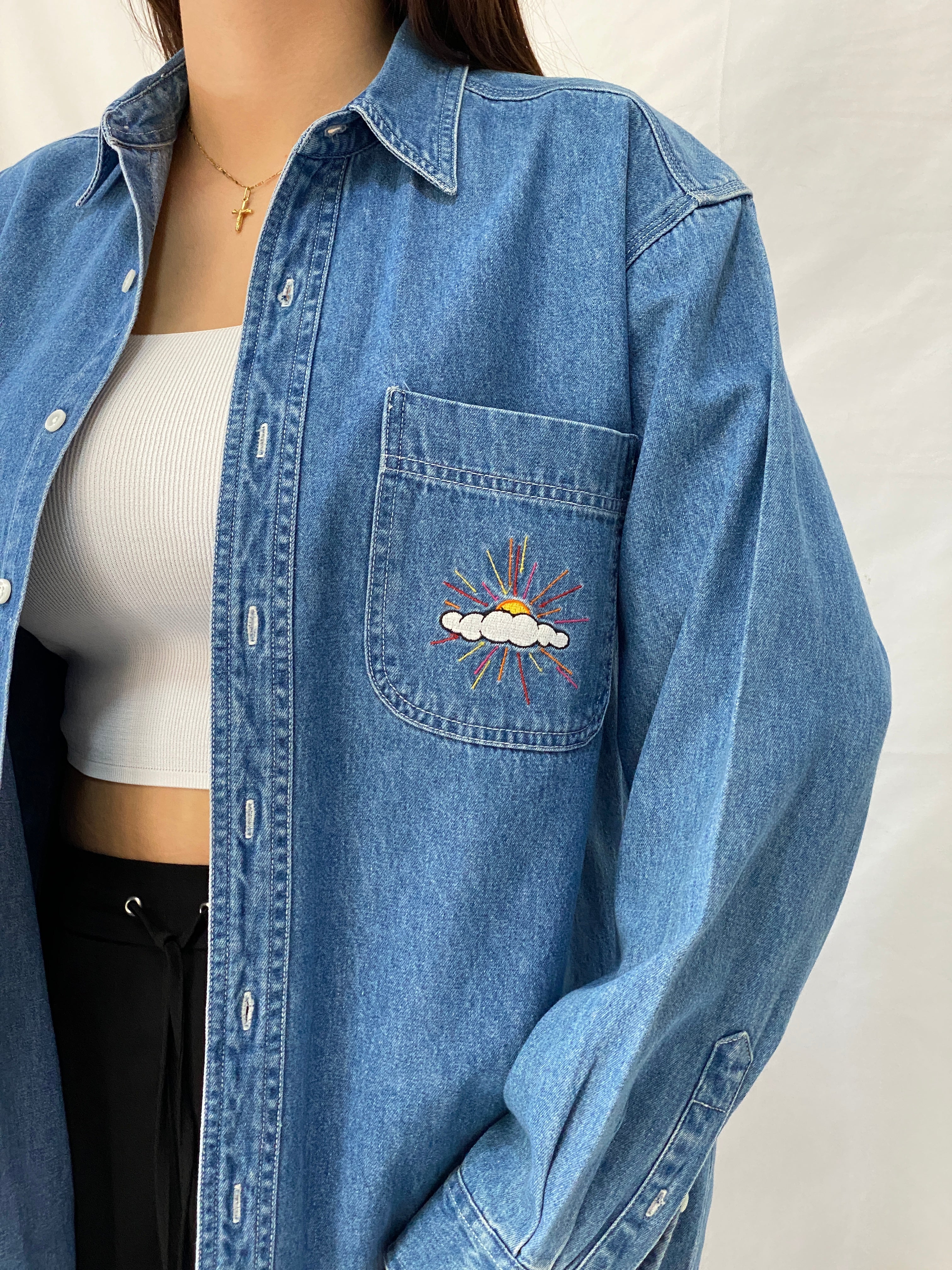 Vintage Disney Store Oversized Denim Shirt Embroidered Sun Cloud Patch Button Up Shirt - S