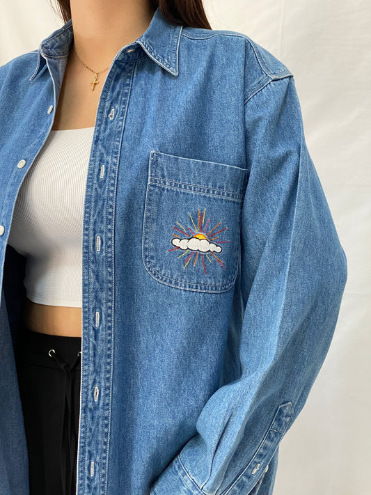 Vintage Disney Store Oversized Denim Shirt Embroidered Sun Cloud Patch Button Up Shirt - S