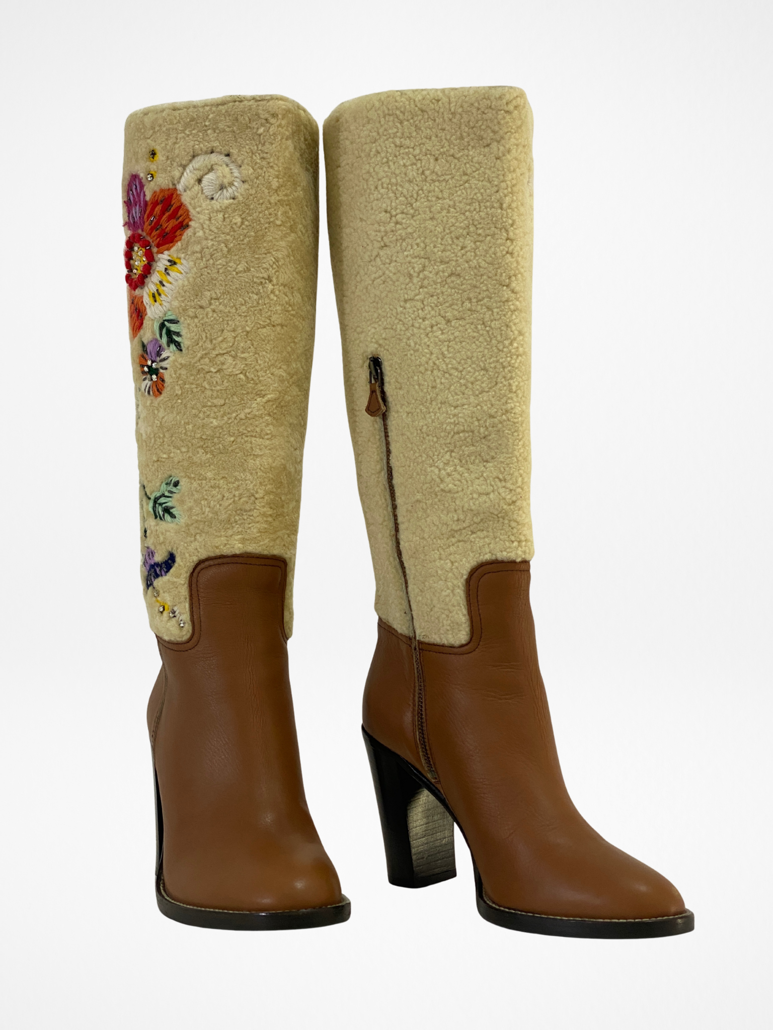 Vintage Miu Miu Brown Leather & Shearling Embroidered Knee-High Boots Block Heel - EU 38.5