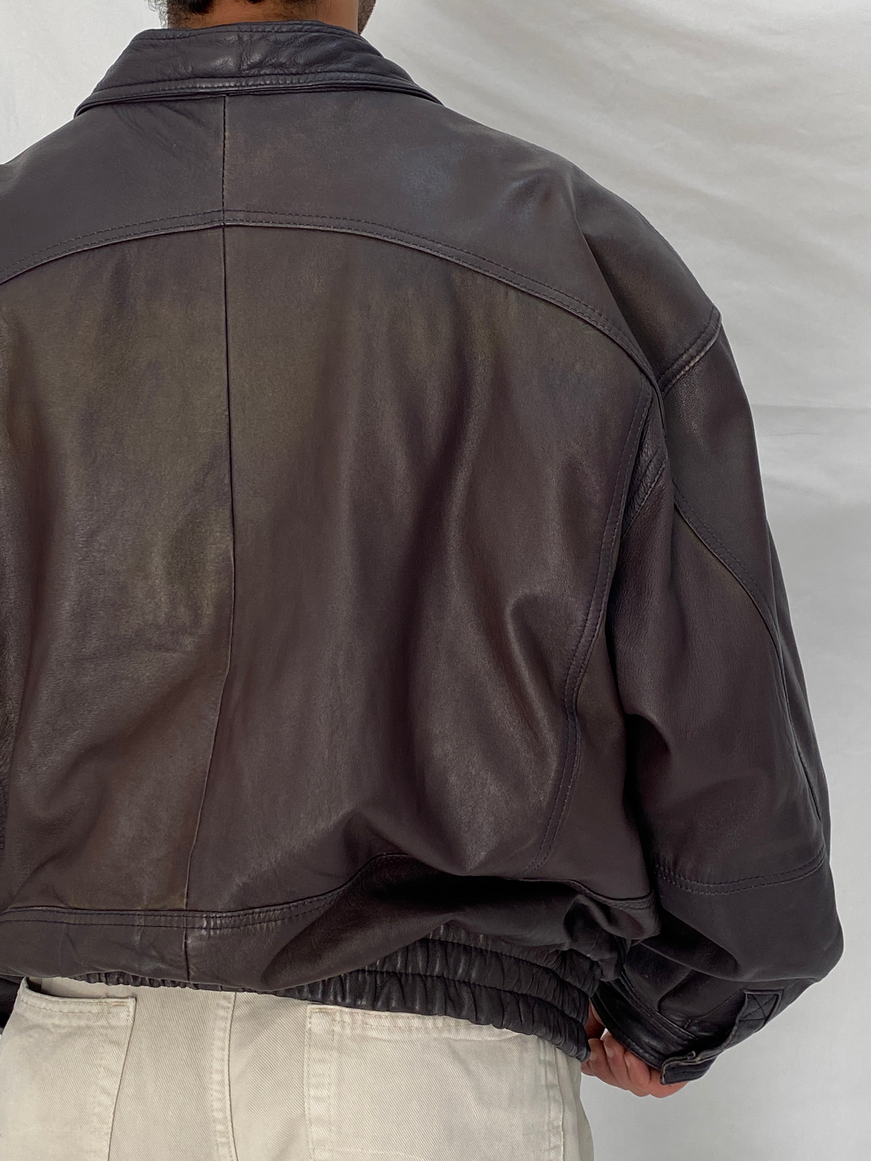 Vintage Oversized Genuine Leather Bomber Jacket in Dark Plum Brown – L