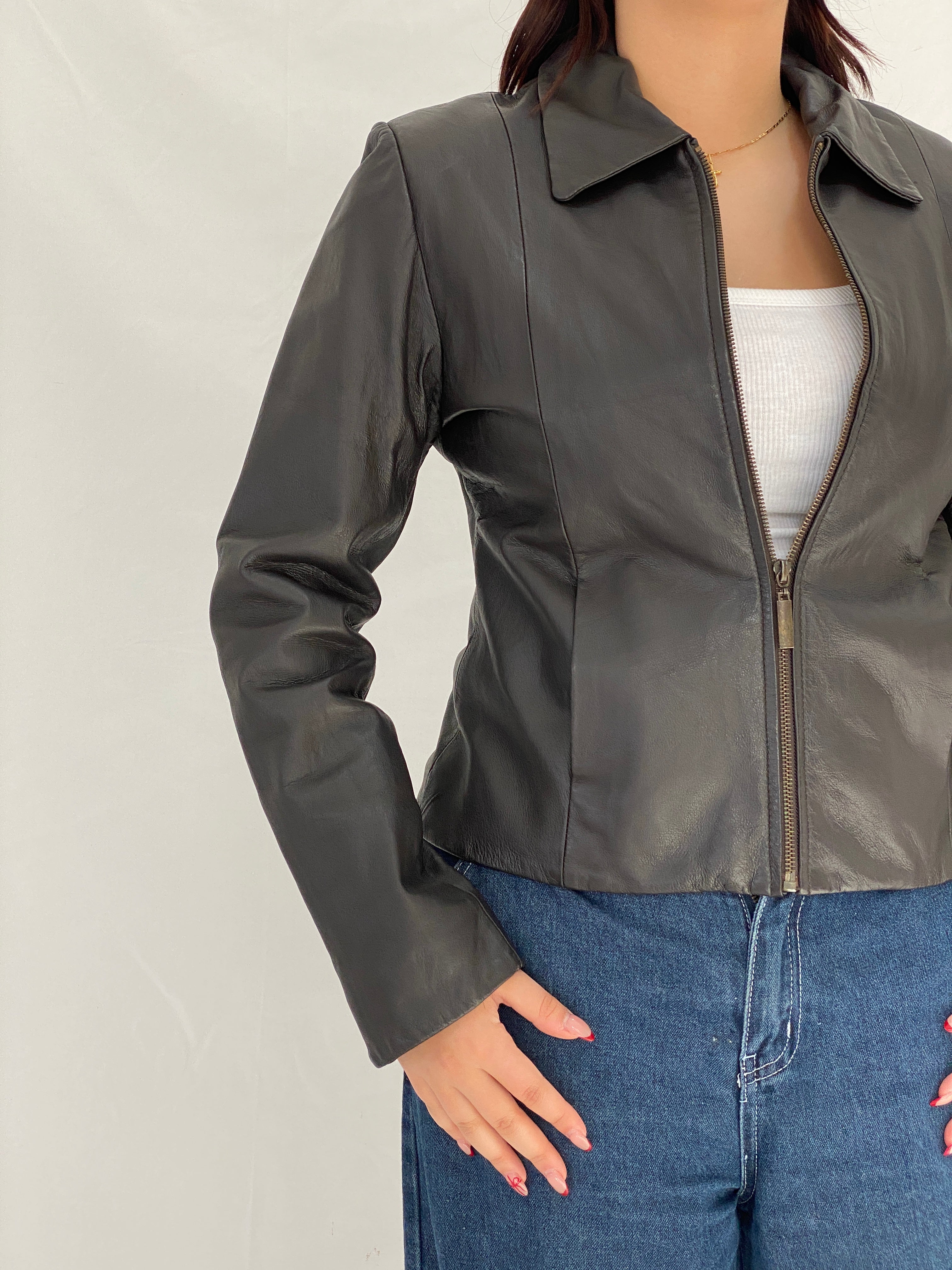 GUDDO Dark Chocolate Brown Genuine Leather Zip-Up Jacket – M