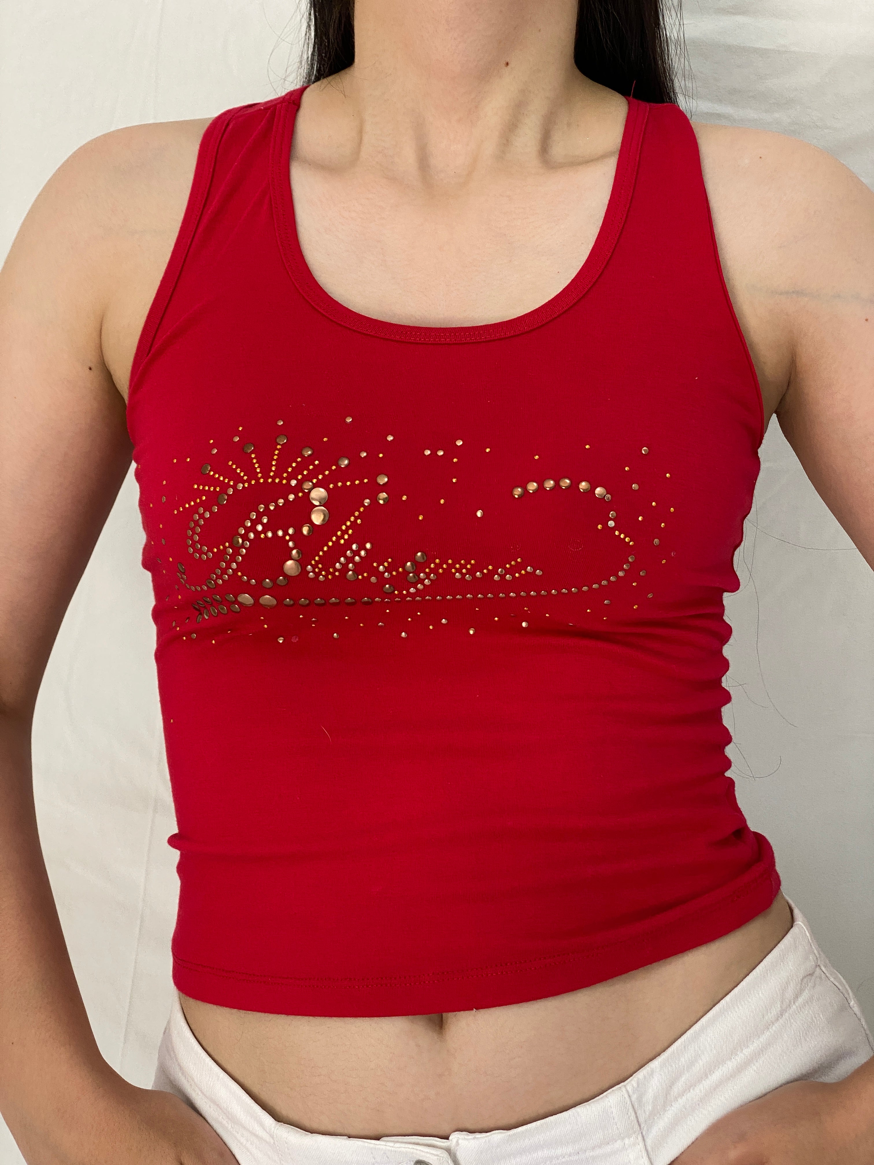 Y2K Red Cotton Blend Rhinestone Studded Racerback Tank Top - S