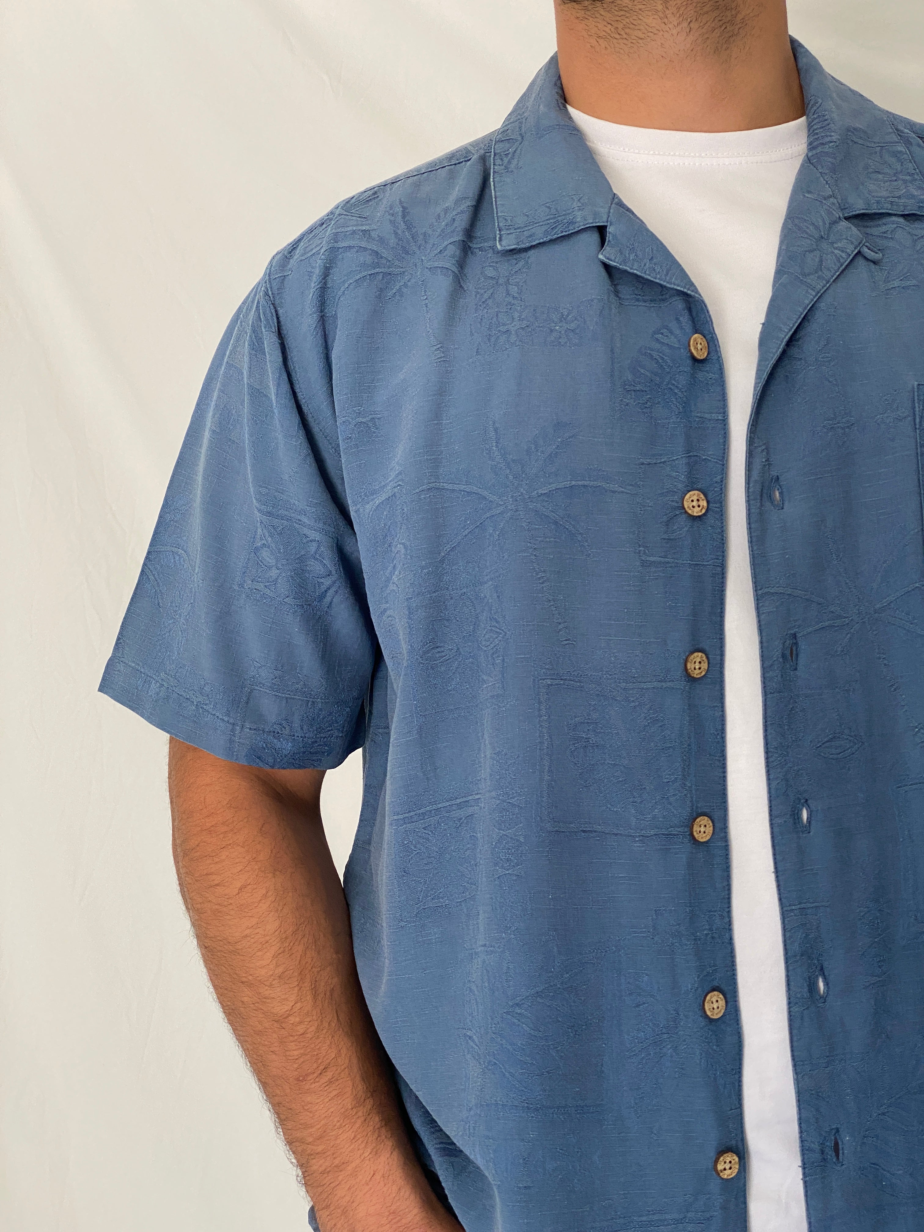 Vintage Batik Bay Blue 100% Silk Hawaiian Camp Jacquard Shirt – XL