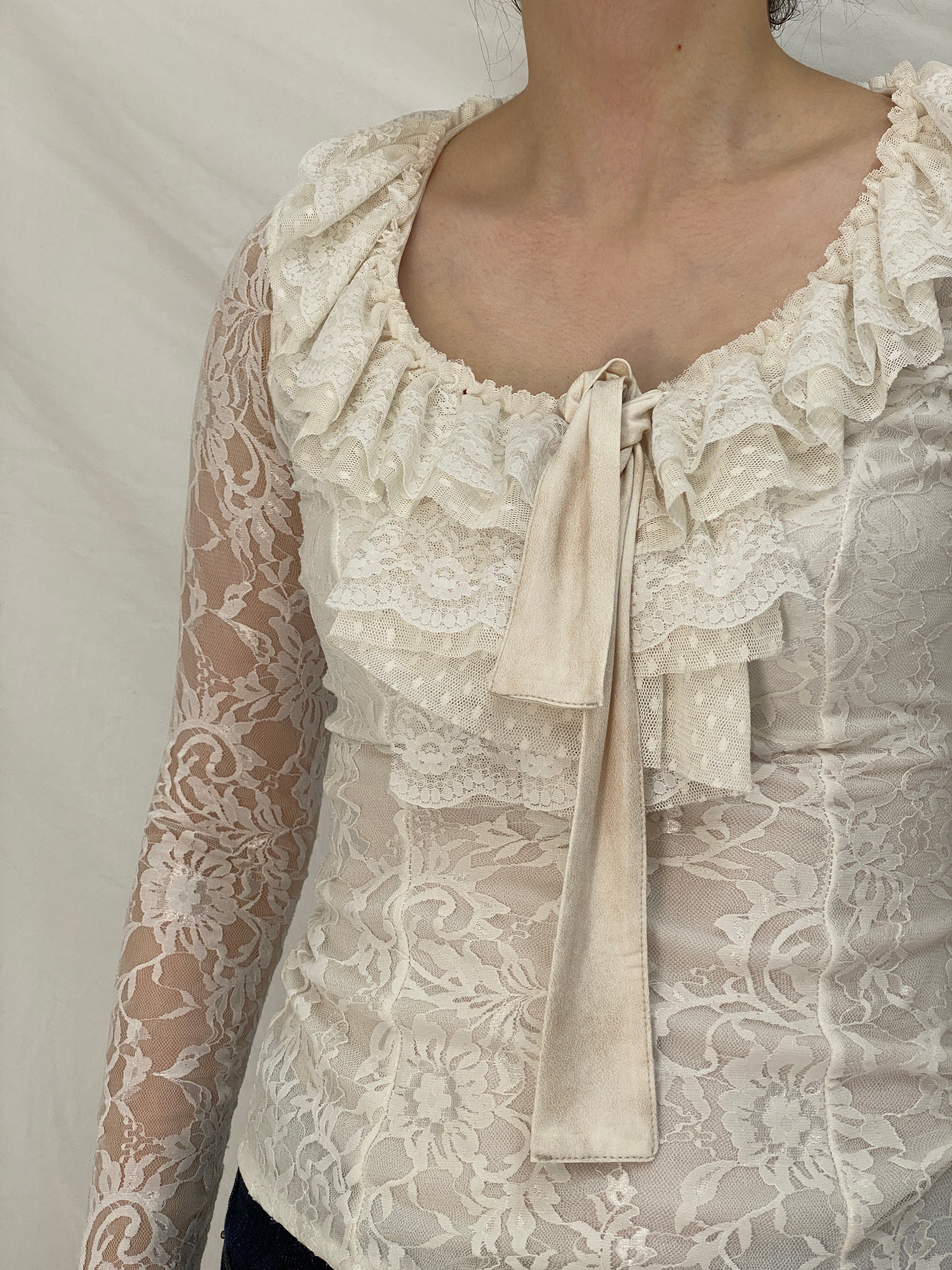 Vintage Favori Ivory Lace Ruffle Top Sheer Romantic Coquette Y2K Blouse - S