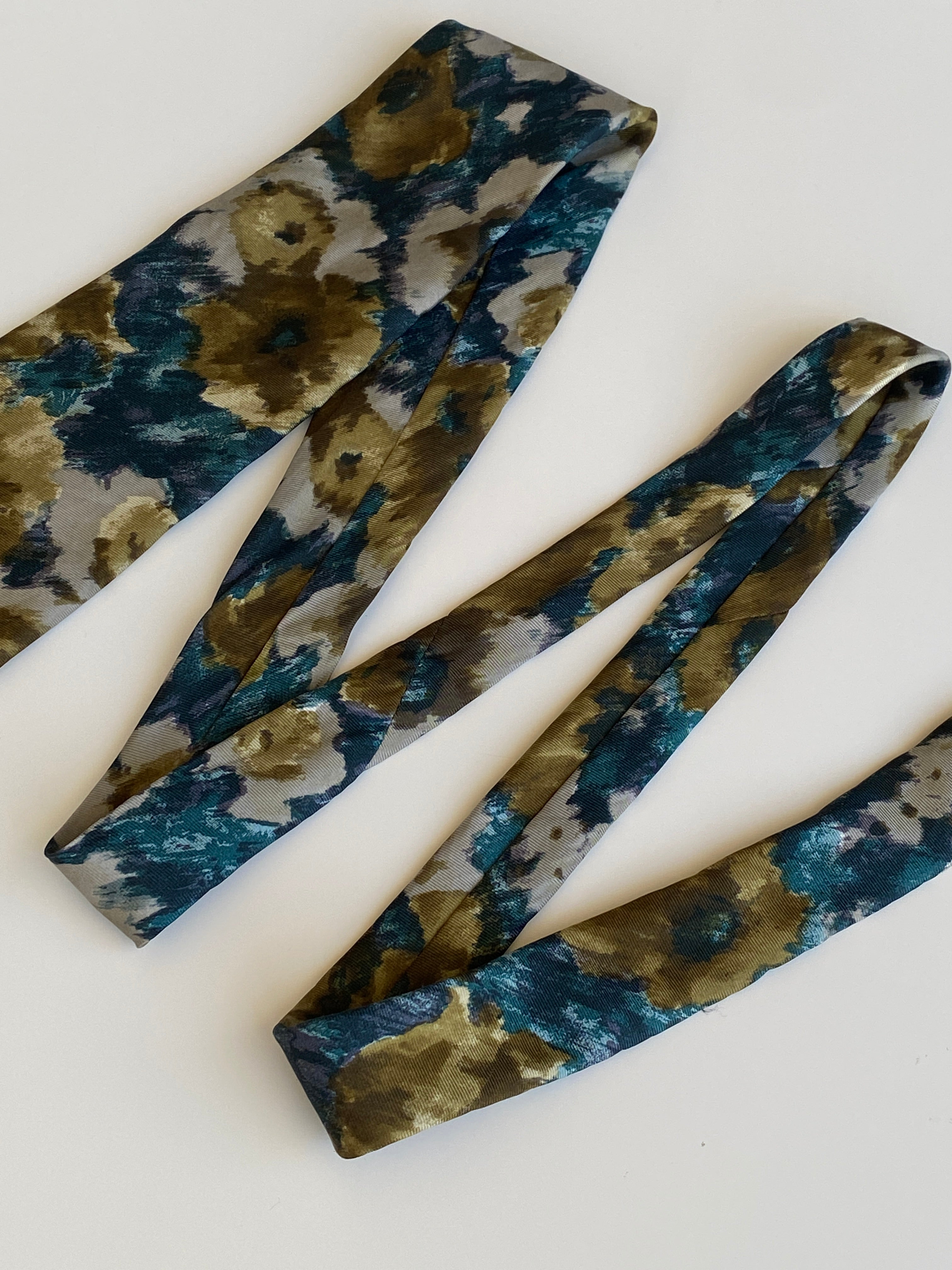 Vintage 1990s Peter von Holland Teal Olive 100% Silk Abstract Floral Necktie