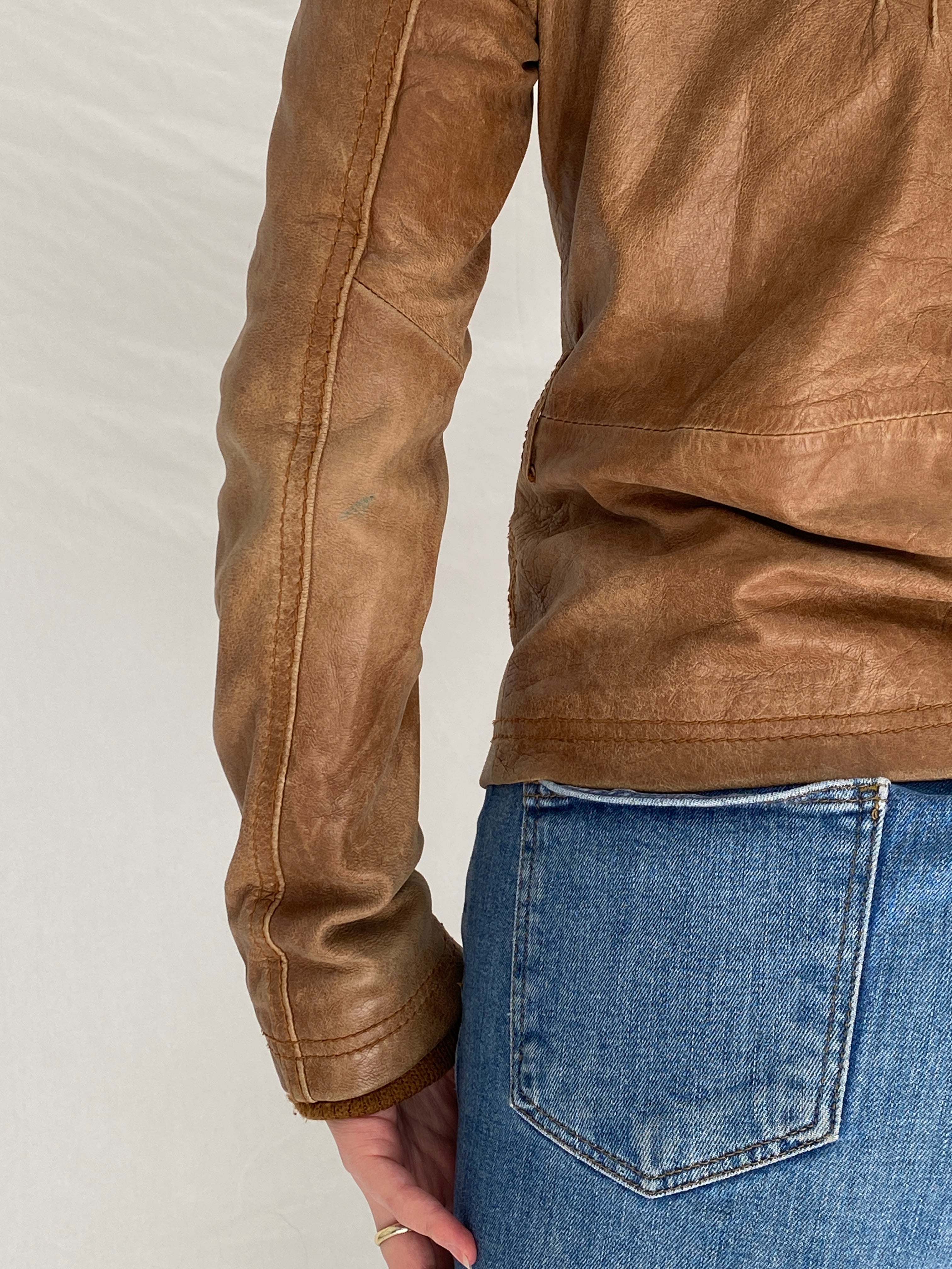 Vintage Y2K Stradivarius Brown Real Leather Moto Fitted Jacket - S