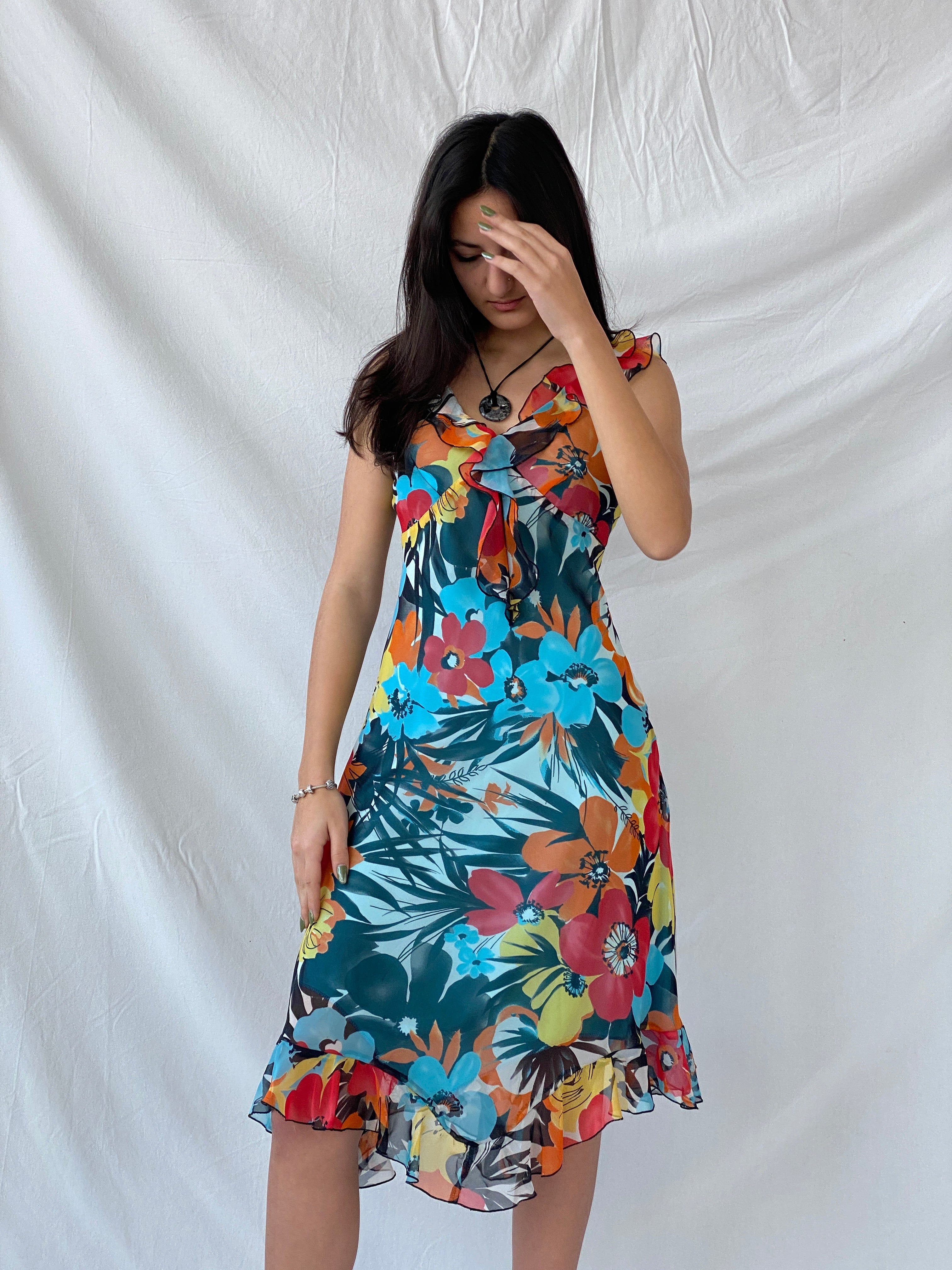 Y2K Floral Blue & Orange Ruffled Midi Dress - M