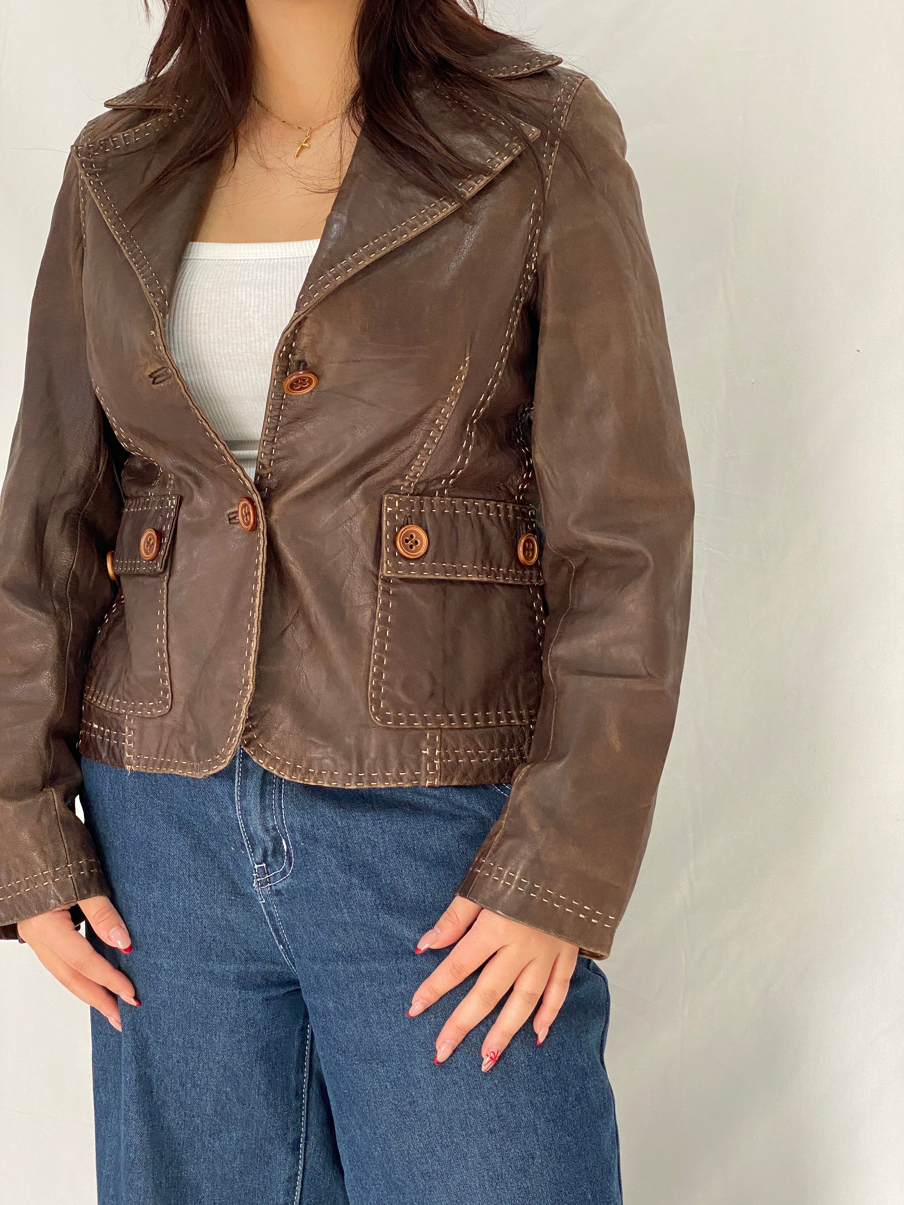 Vintage Brown Genuine Leather Tailored Blazer Jacket with Contrast Stitching – M