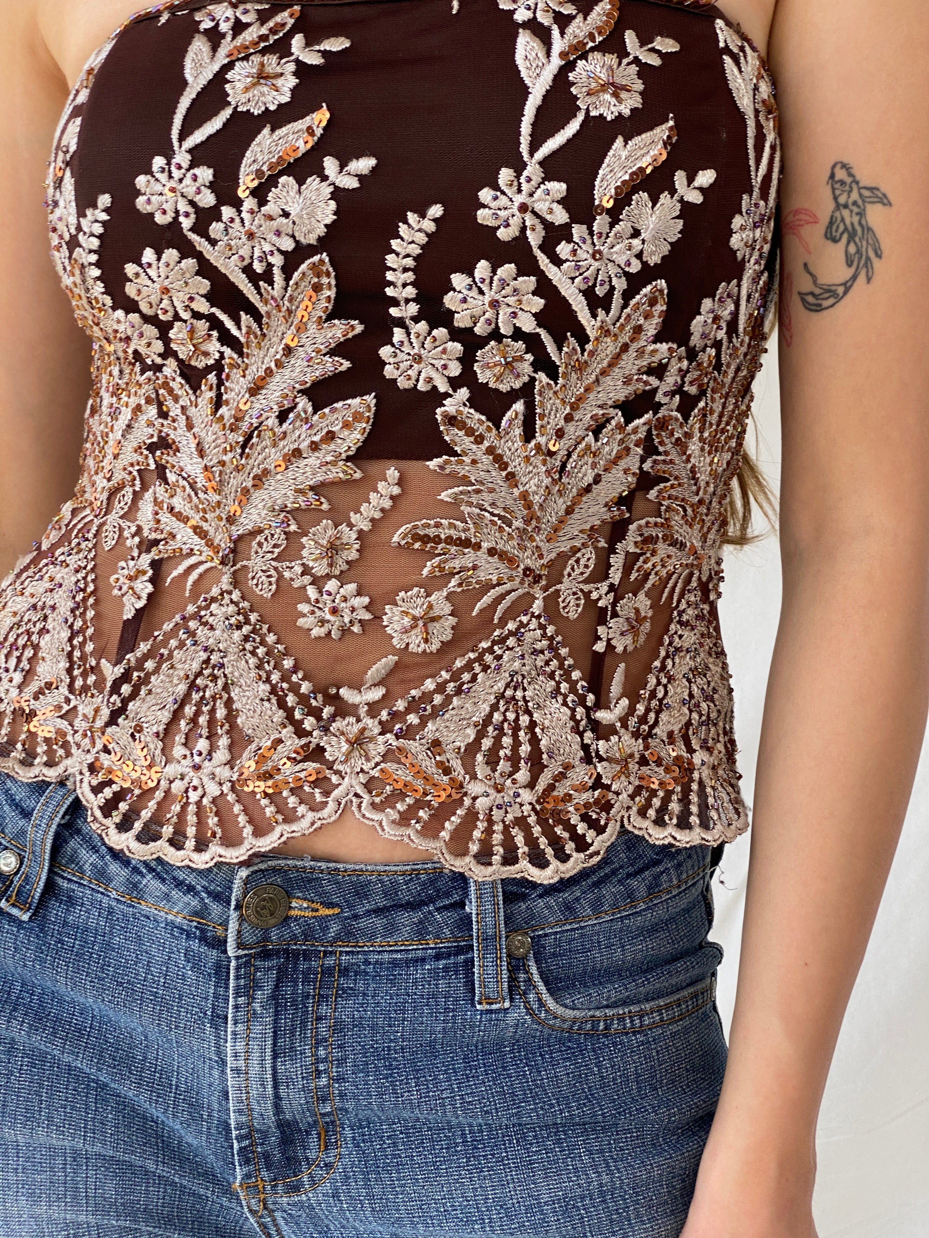 90s Aftershock Brown Sequined Embroidery Party Boned Corset - S