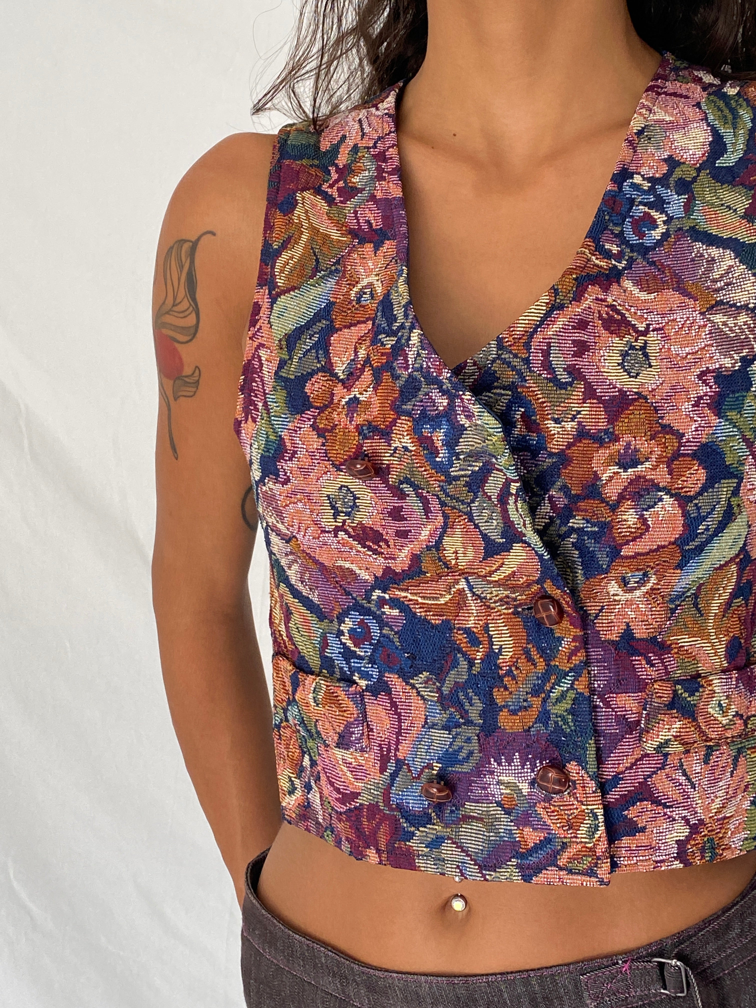 Vintage 90s In Design Multicolor Floral Tapestry Cropped Waistcoat Vest - S