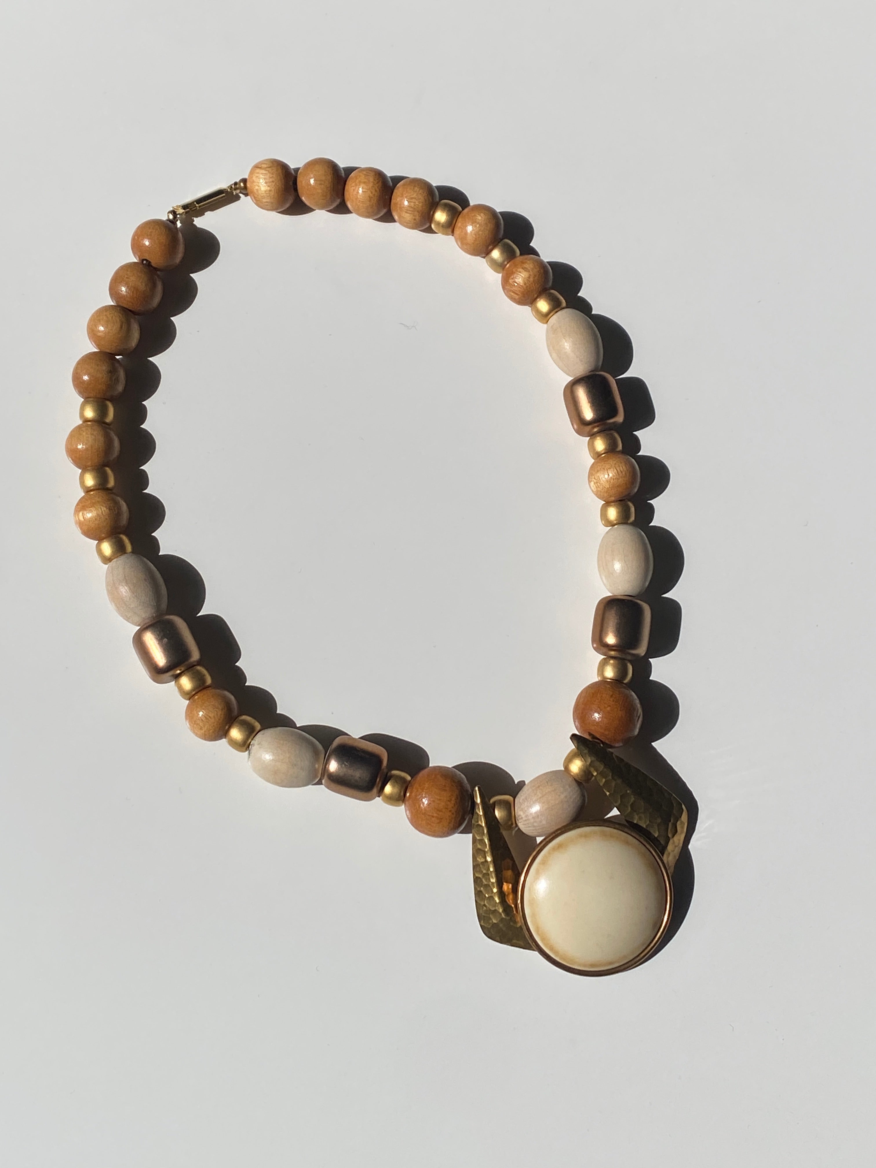 Vintage 90s Wood Bead Statement Necklace – Neutral Tones Gold Accents Pendant Necklace