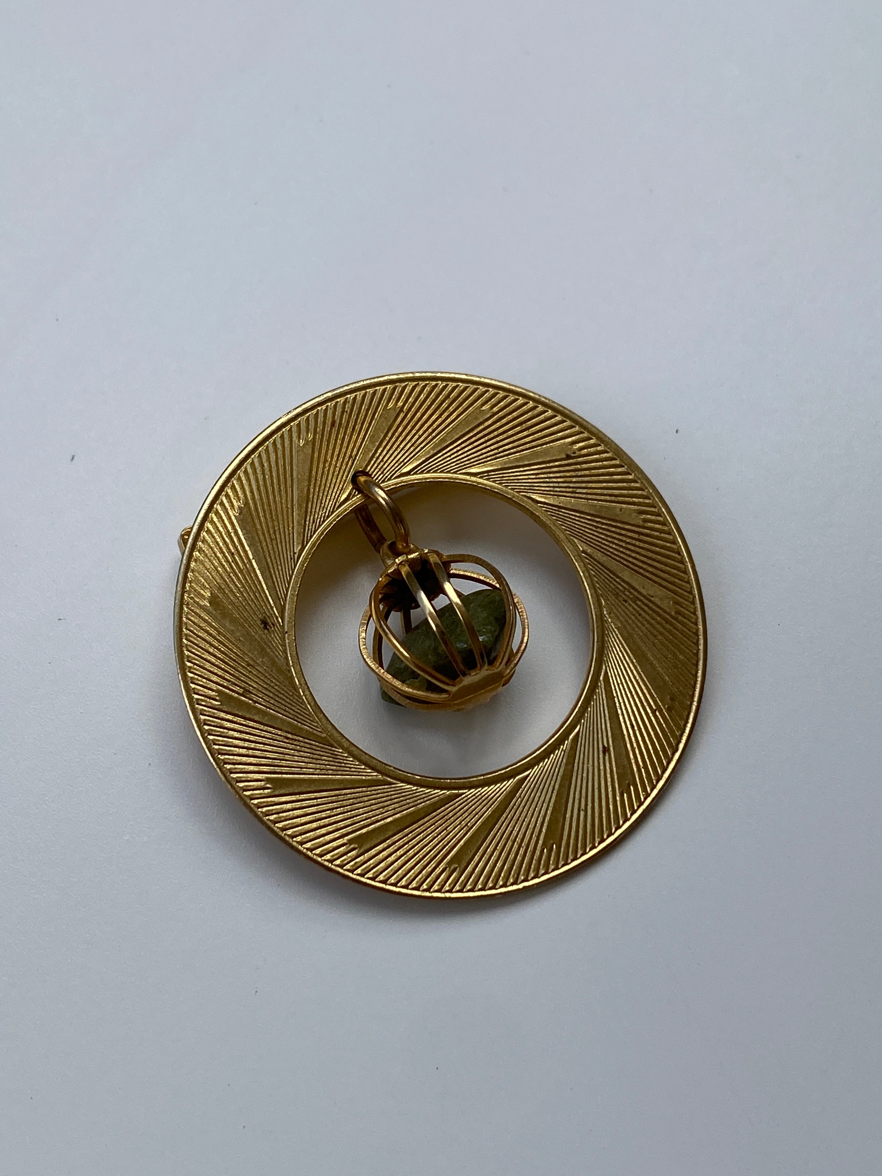 Vintage Gold Tone Geometric Brooch with Wire Wrapped Green Stone – Modernist Statement Pin