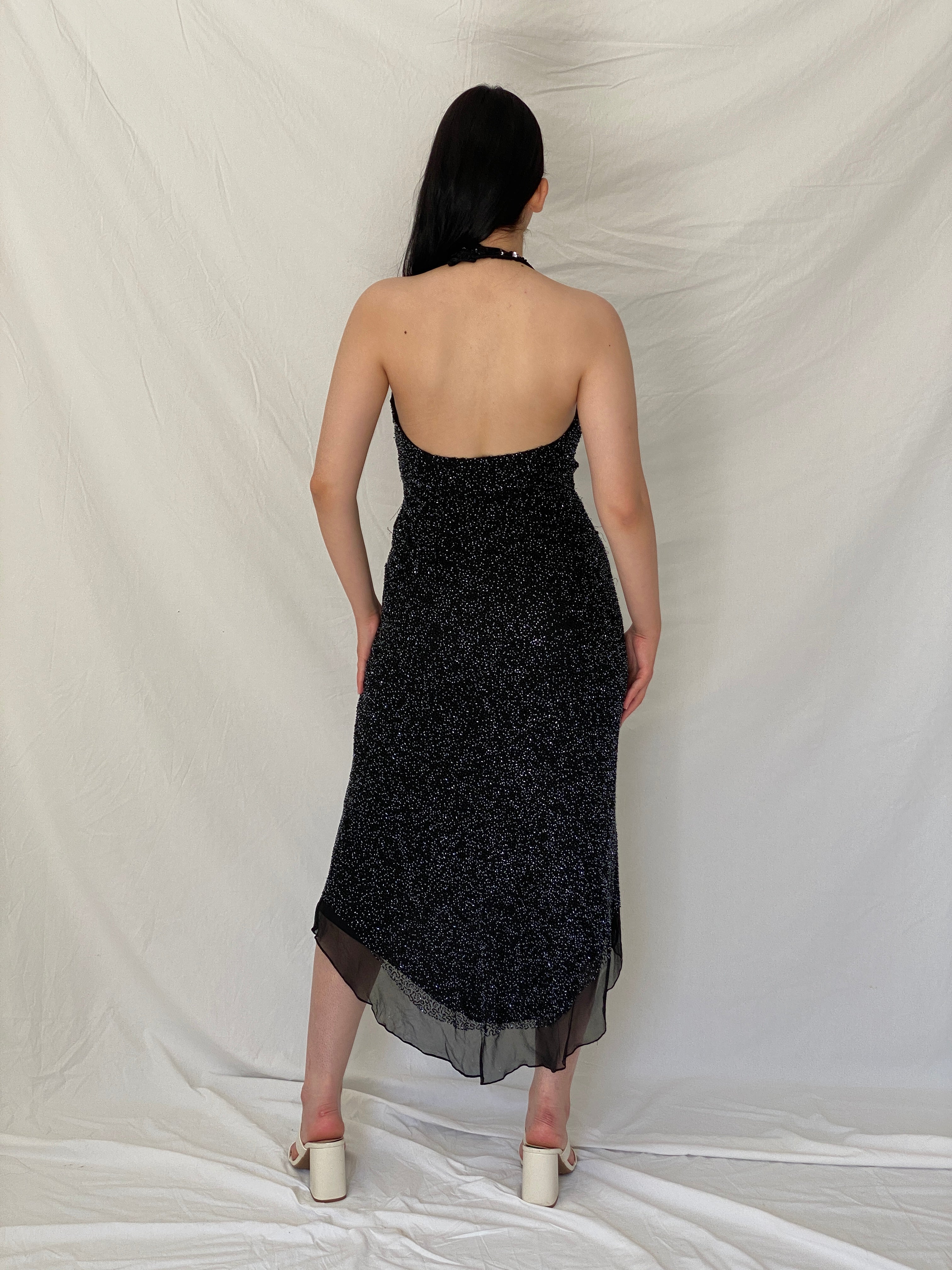 Vintage PAPÉLL BOUTIQUE Black Silk Beaded Halter Evening Dress – S