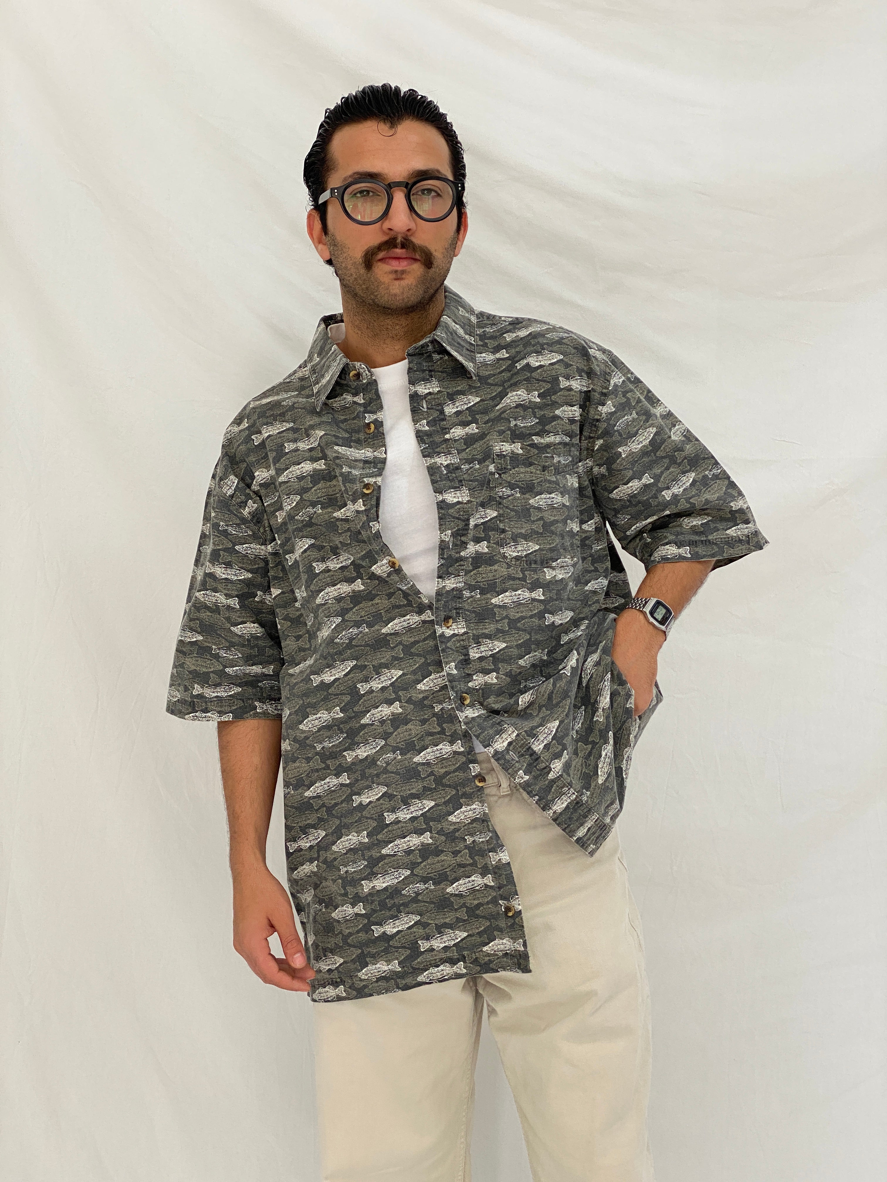 Vintage Puritan Fish Print Gray Cotton Button Up Shirt Oversized Coastal Shirt - XL