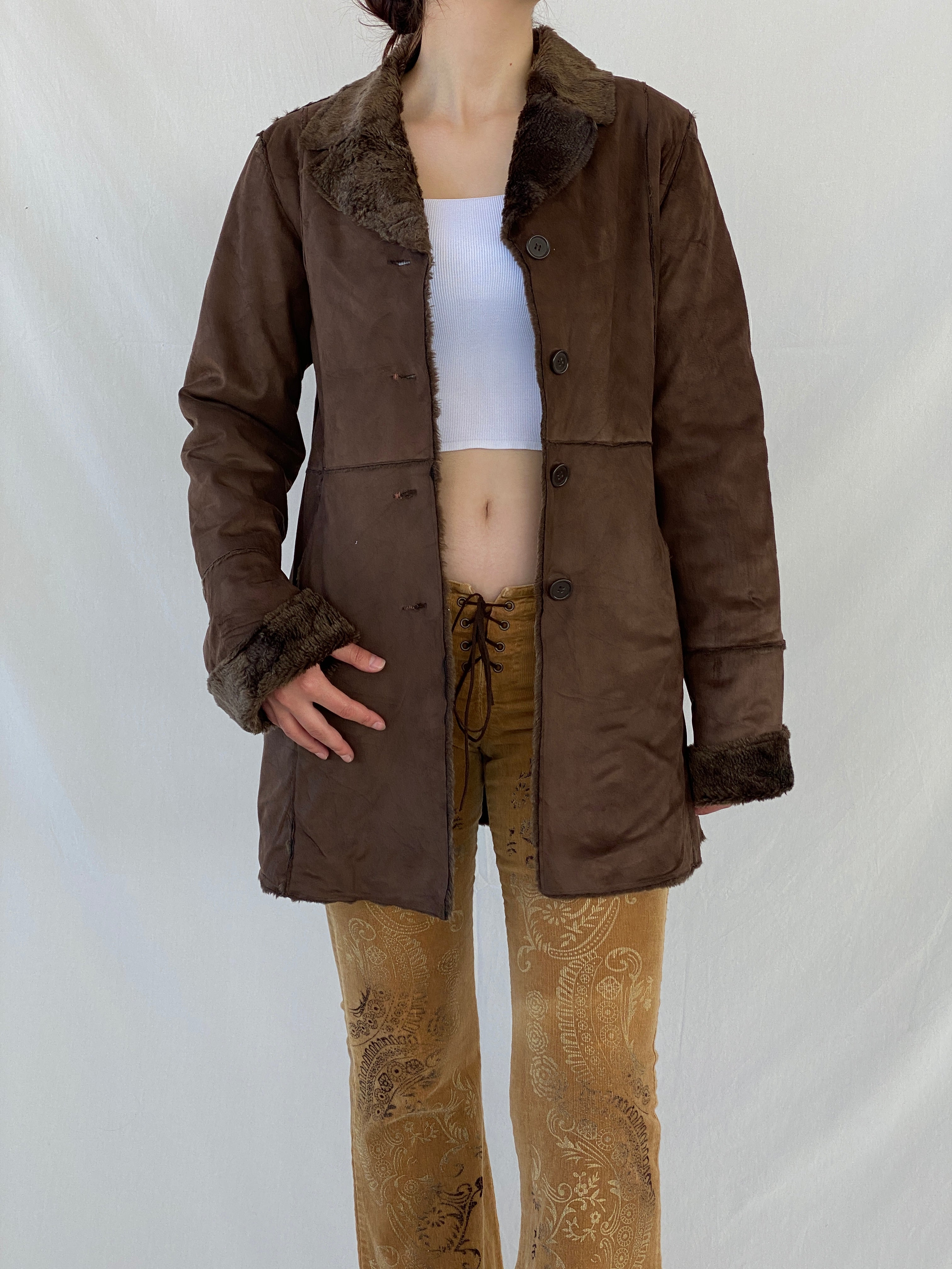 Y2K GINA BENOTTI Brown Afghan Style Fur-lined Coat - S