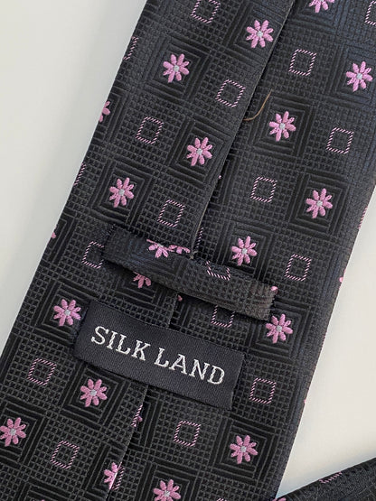 Vintage Silk Land Black with Pink Floral Geometric Pattern Tie