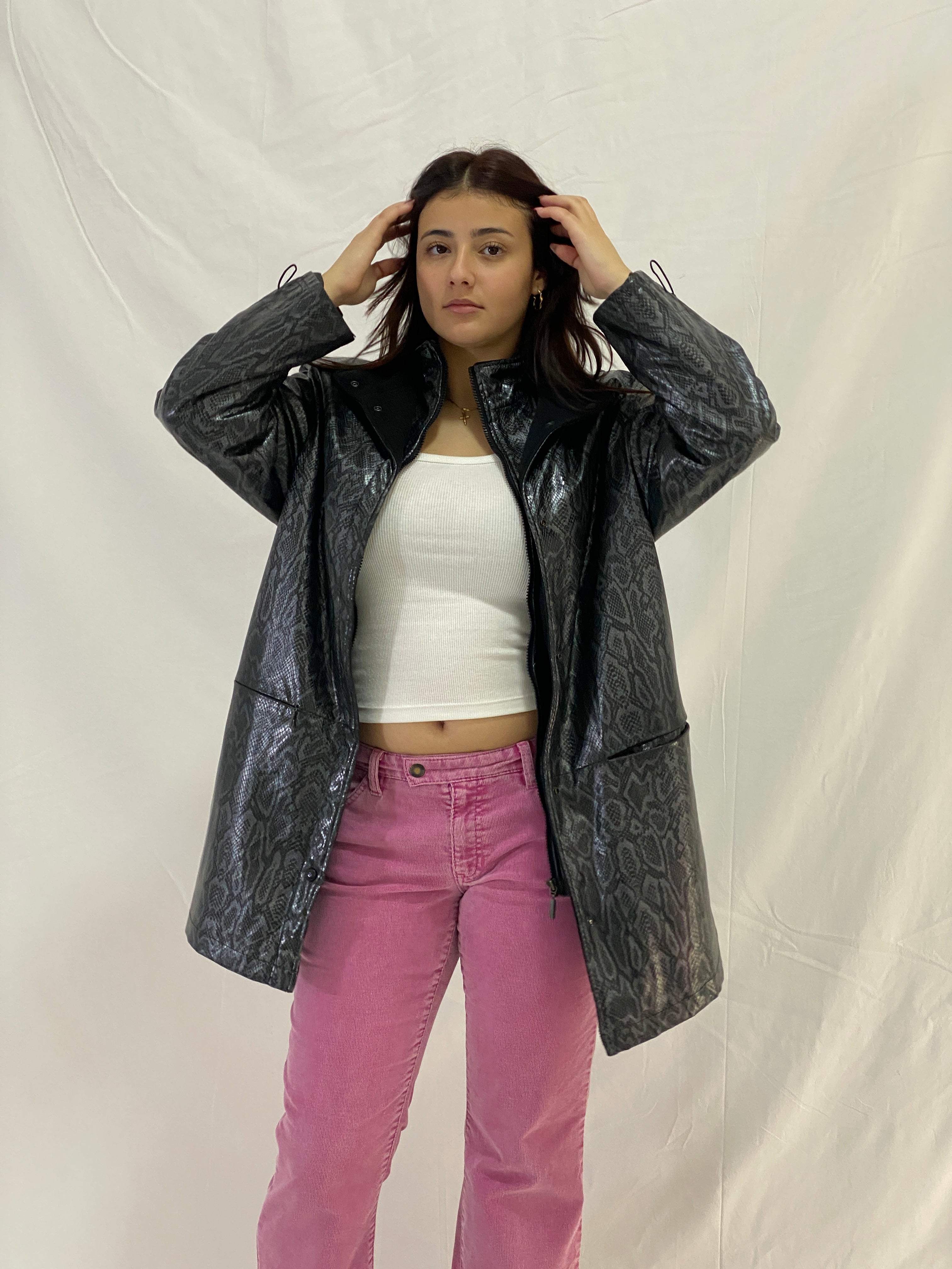 Vintage Lisa Tossa Black Metallic Snake Print Long Raincoat Jacket – M