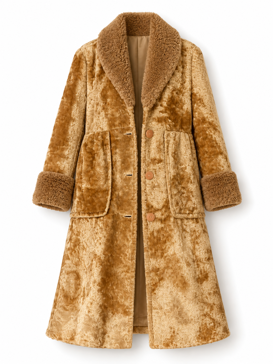 Vintage Palon Camel Plush Faux Fur Coat 70s Style Textured Winter Coat with Fur Collar - M