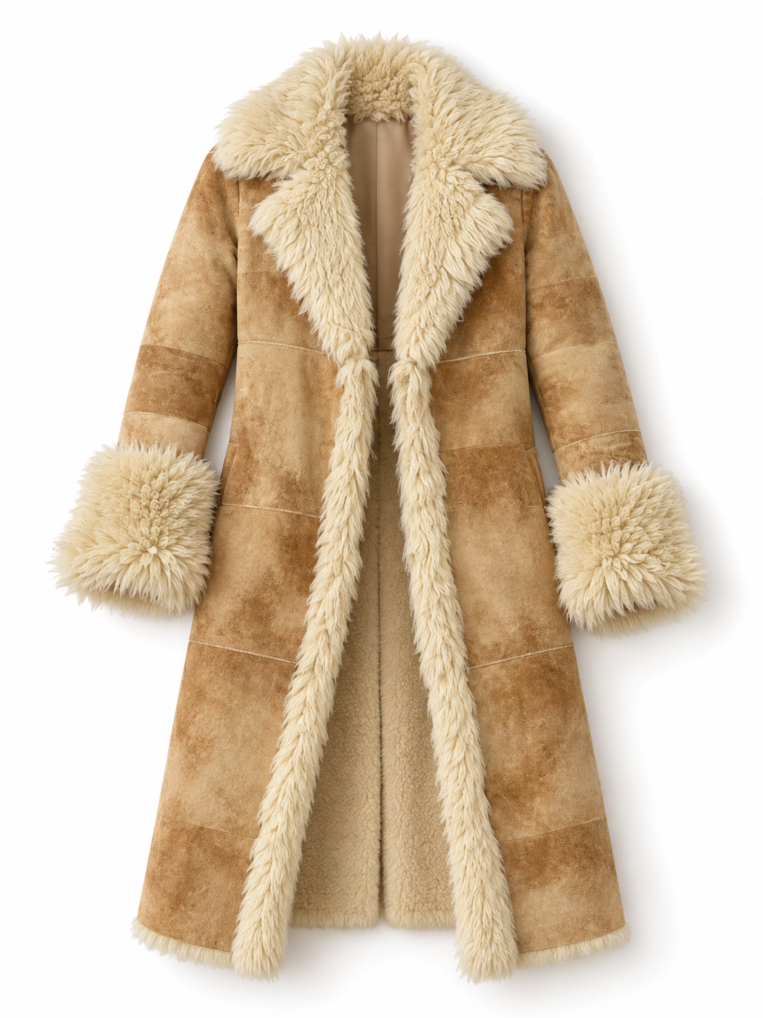 FREEHORN by Conbipel Faux Fur Lined Italian Genuine Leather Penny Lane Coat 70s Boho Jacket - XL