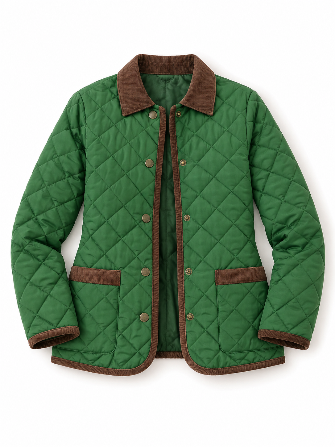 Vintage Green Quilted Nylon Jacket with Brown Corduroy Trim – S