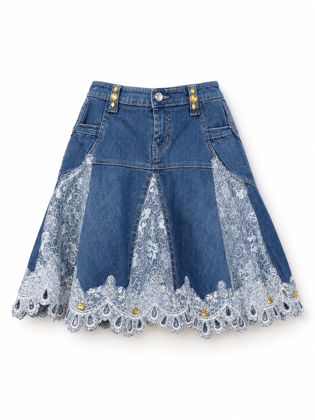 Y2K Rosa & Rose Blue Cotton Denim Lace Rhinestone Flared Skirt – S