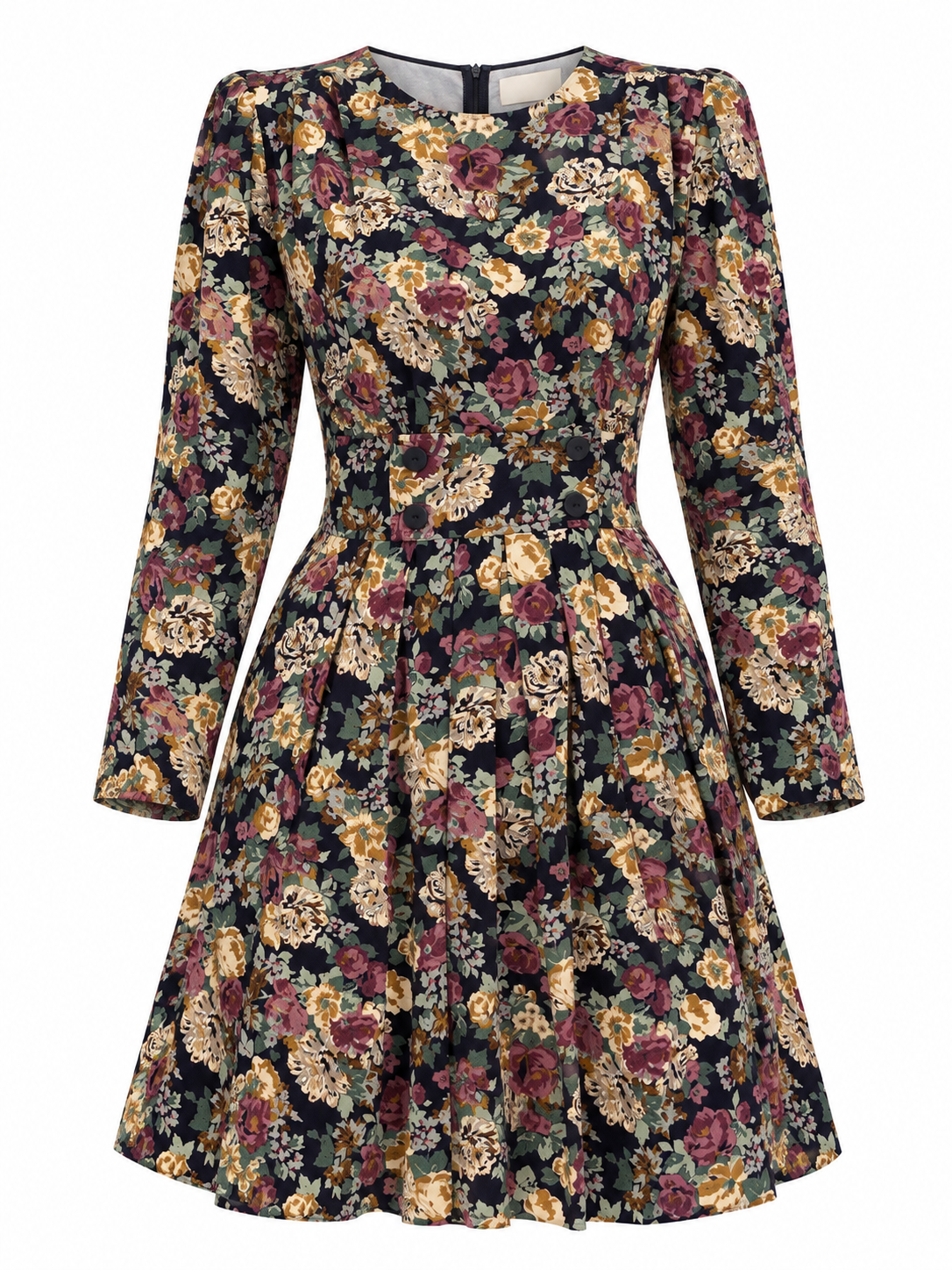 Vintage Petite Sophisticate Floral Dress Long Sleeve Fit & Flare Mini Dress, 90s Romantic Floral Dress - S