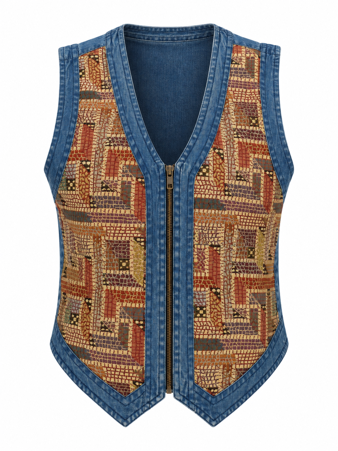 Vintage 90s New Direction Denim & Mosaic Tapestry Zip-Up Vest – M