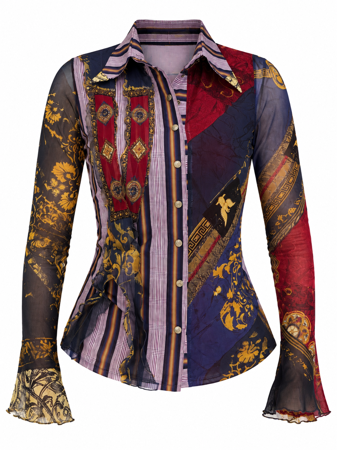 Y2K Save The Queen! Multicolor Whimsical Baroque Sheer Shirt – M