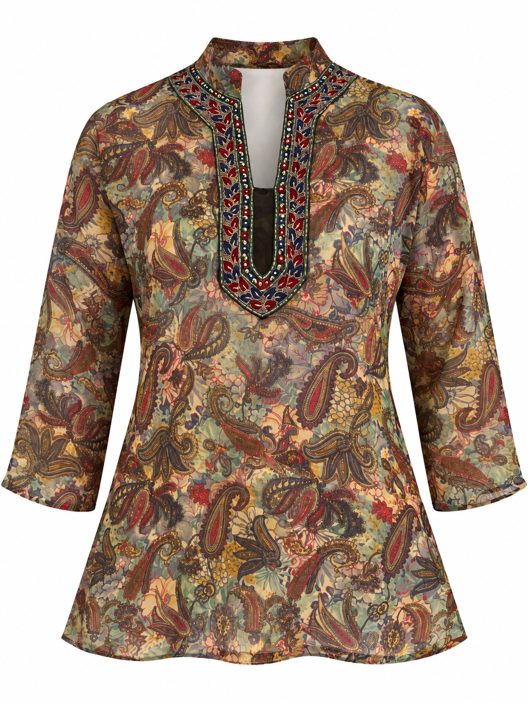 Vintage Y2K Makon Multicolor Paisley Embroidered Sheer Tunic Blouse - L