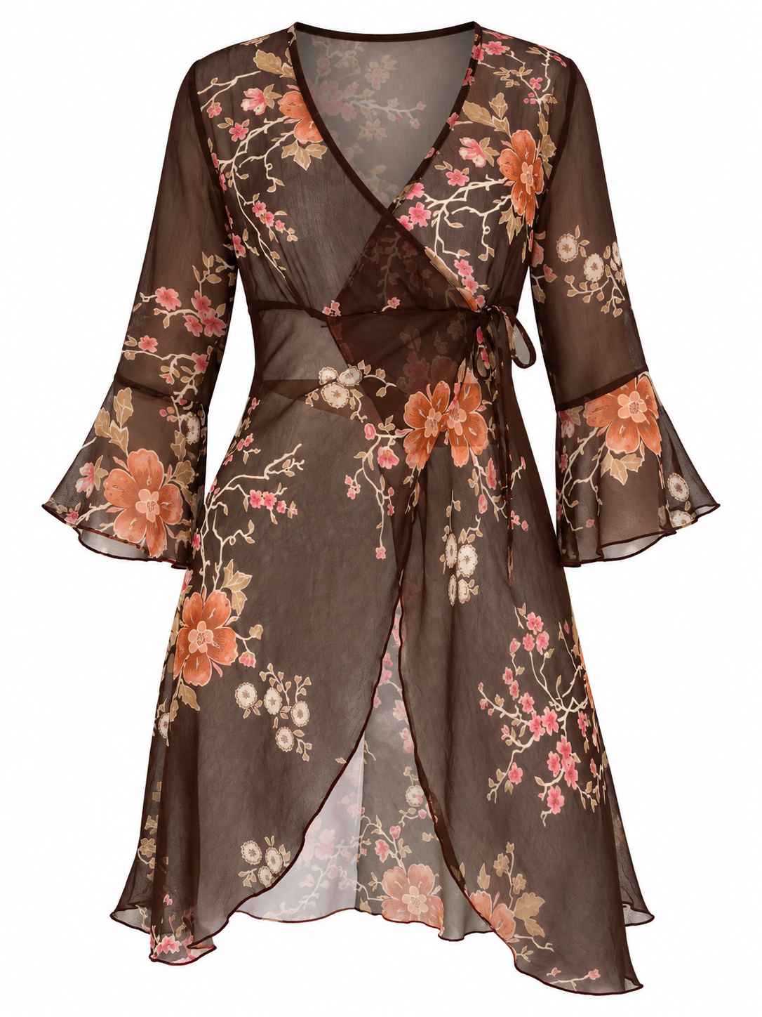 Y2K Une Mode Pour Moi Brown Sheer Floral Wrap Tunic Top – M