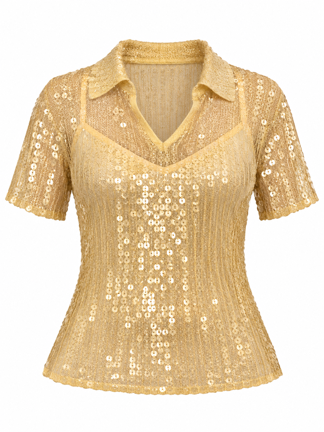 Y2K Zara Champagne Gold Sheer Mesh Sequin Collared Top - S