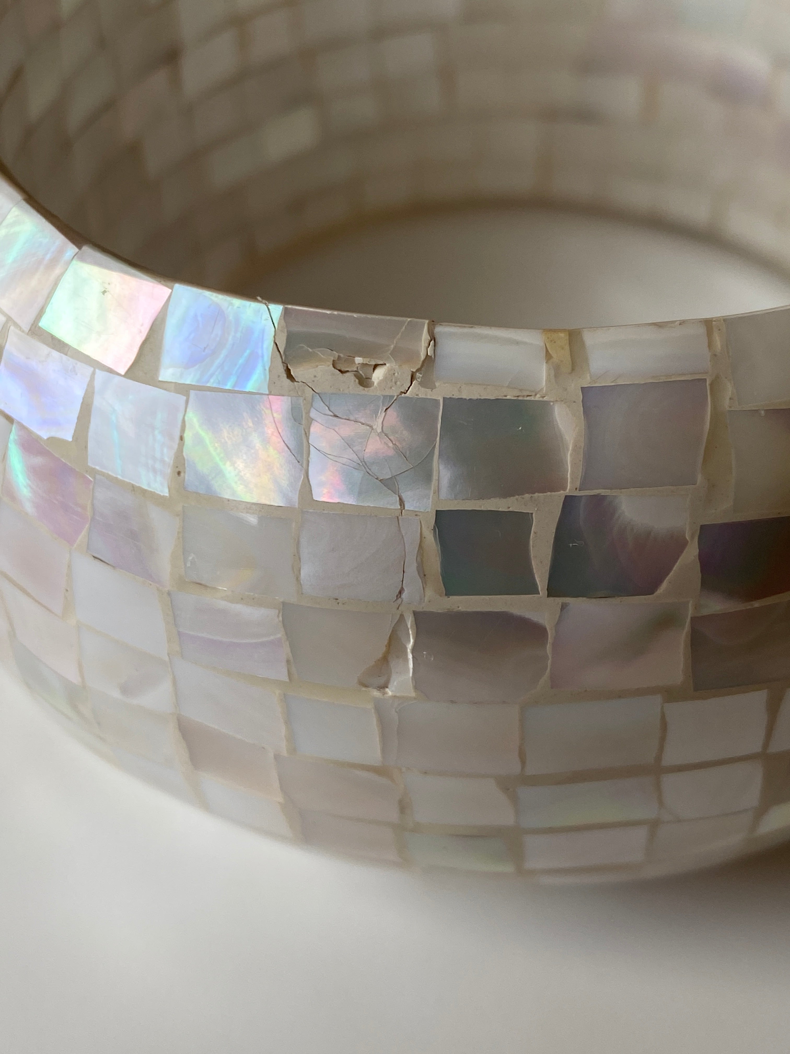 Vintage Mother of Pearl Mosaic Bangle Bracelet Iridescent Shell Inlay Statement Cuff