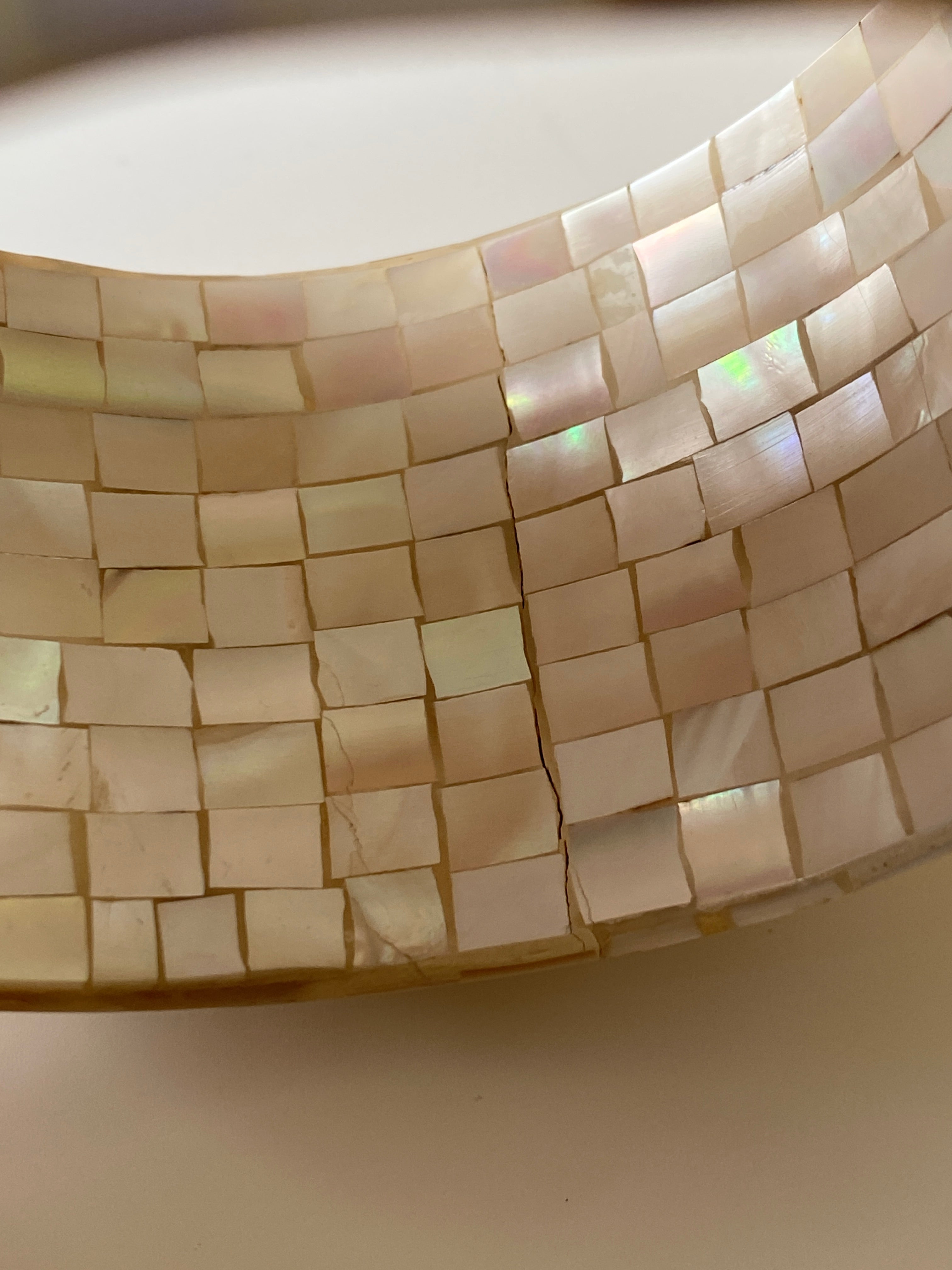 Vintage Mother of Pearl Mosaic Bangle Bracelet Iridescent Shell Inlay Statement Cuff