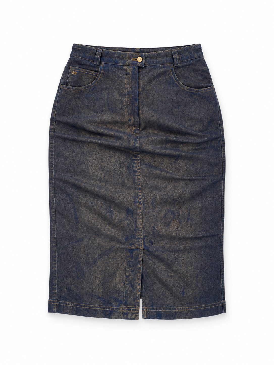Y2K Catherina Hepher Metallic Gold Blue Denim Pencil Skirt – S