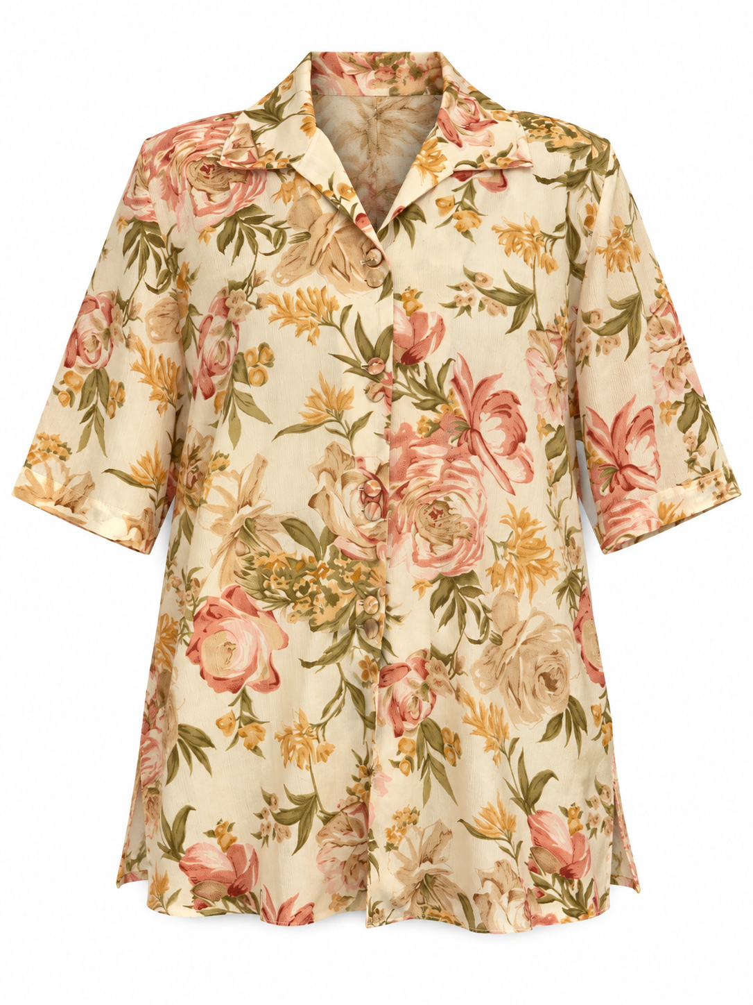 Vintage 90s Romantic Floral Cream Button-Up Tunic Shirt - 2XL