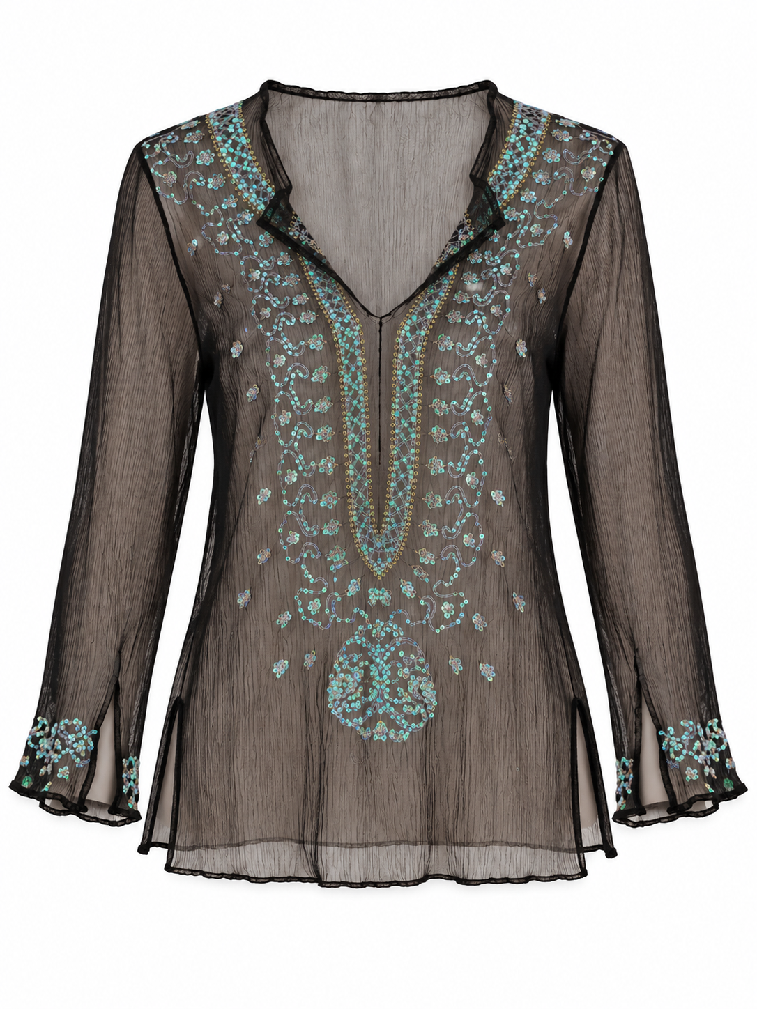 Vintage Venus Black Silk Sheer Sequin Embroidered Blouse – S