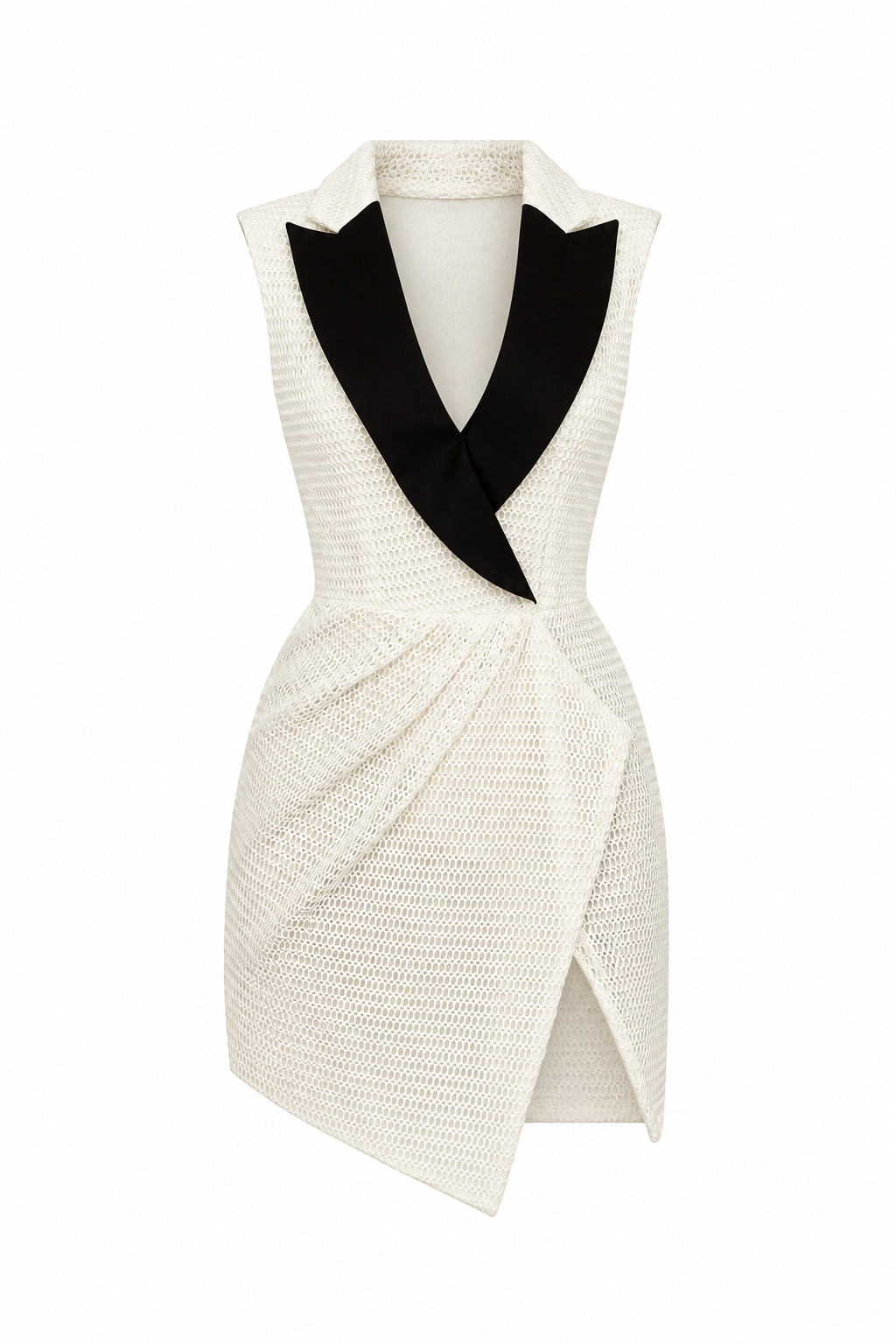 Self-Portrait White Mesh Black Lapel Asymmetric Tuxedo Mini Dress - XS