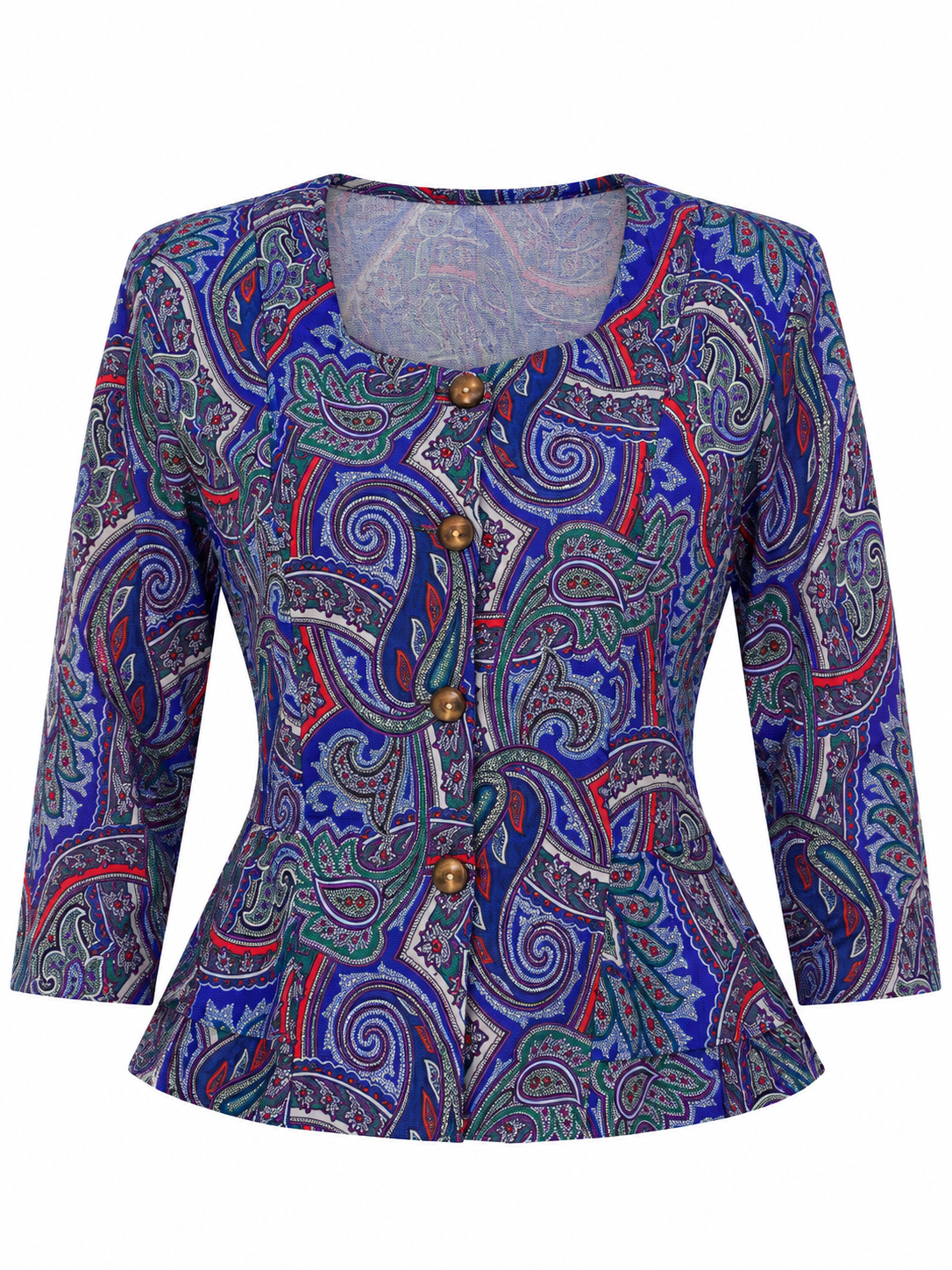 Vintage Amanda Blair Paisley Navy Peplum Satin Blouse Jewel Tone Print with Gold Buttons - L