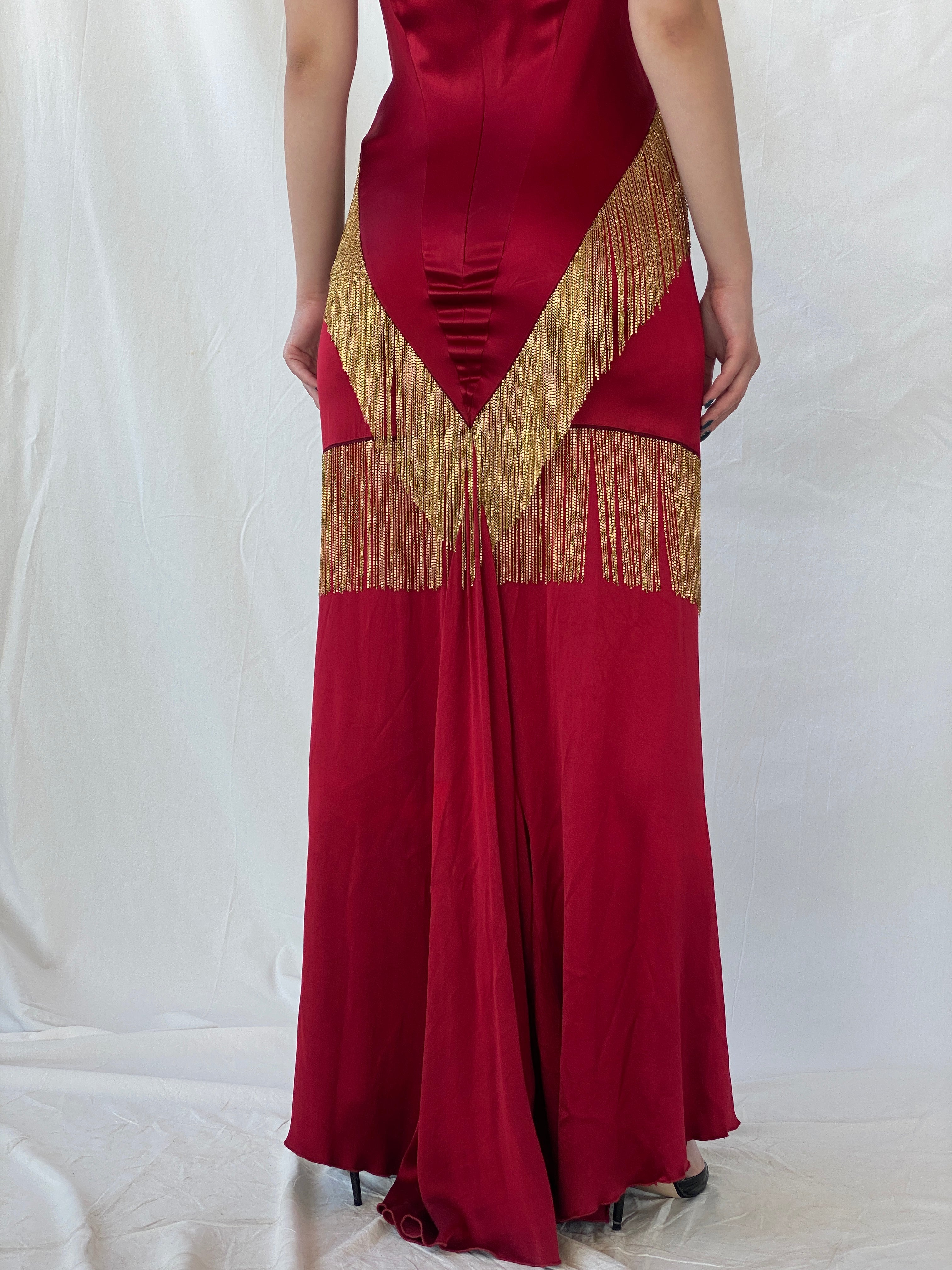 Absolutely Beautiful Ranjana Khan Burgundy Silk Gold Metal Fringe Sleeveless V-Neck Gown - S - Balagan Vintage Maxi Dress Ayah, consignment, dress, maxi dress, NEW IN, Sadouf, Wedding Guest, winter