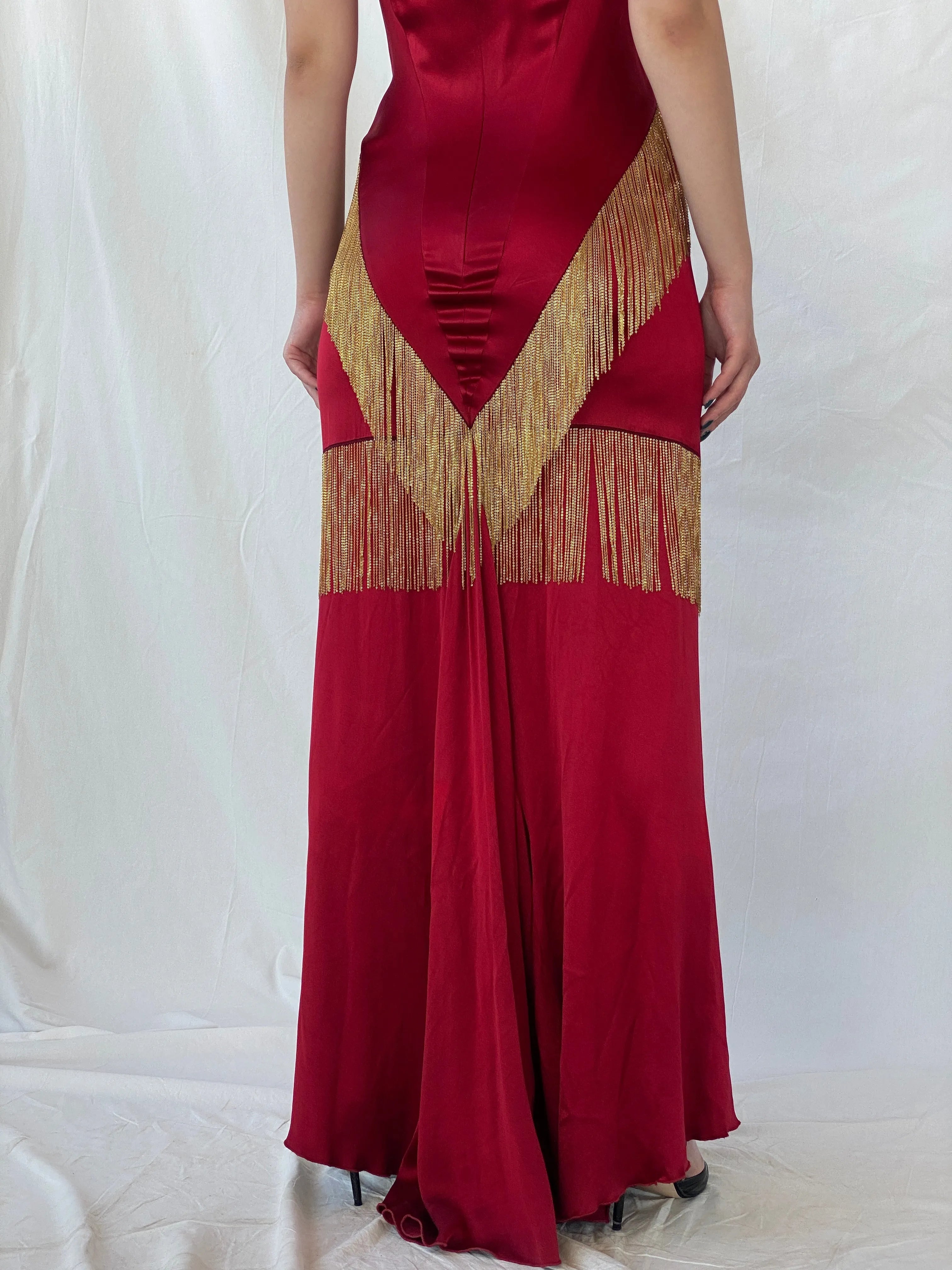 Absolutely Beautiful Ranjana Khan Burgundy Silk Gold Metal Fringe Sleeveless V-Neck Gown - S - Balagan Vintage Maxi Dress Ayah, consignment, dress, maxi dress, Sadouf, Wedding Guest, winter