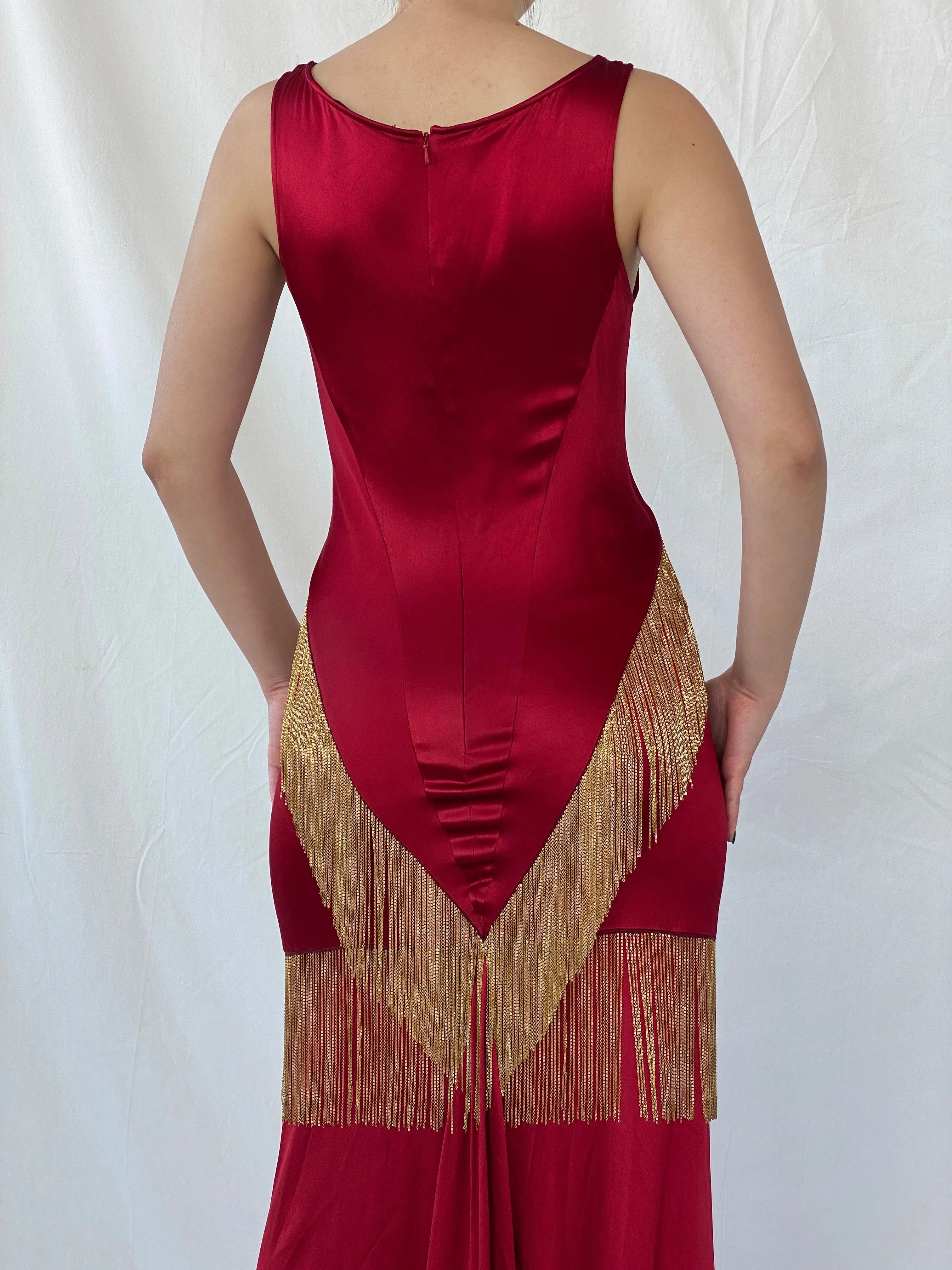 Absolutely Beautiful Ranjana Khan Burgundy Silk Gold Metal Fringe Sleeveless V-Neck Gown - S - Balagan Vintage Maxi Dress Ayah, consignment, dress, maxi dress, Sadouf, Wedding Guest, winter