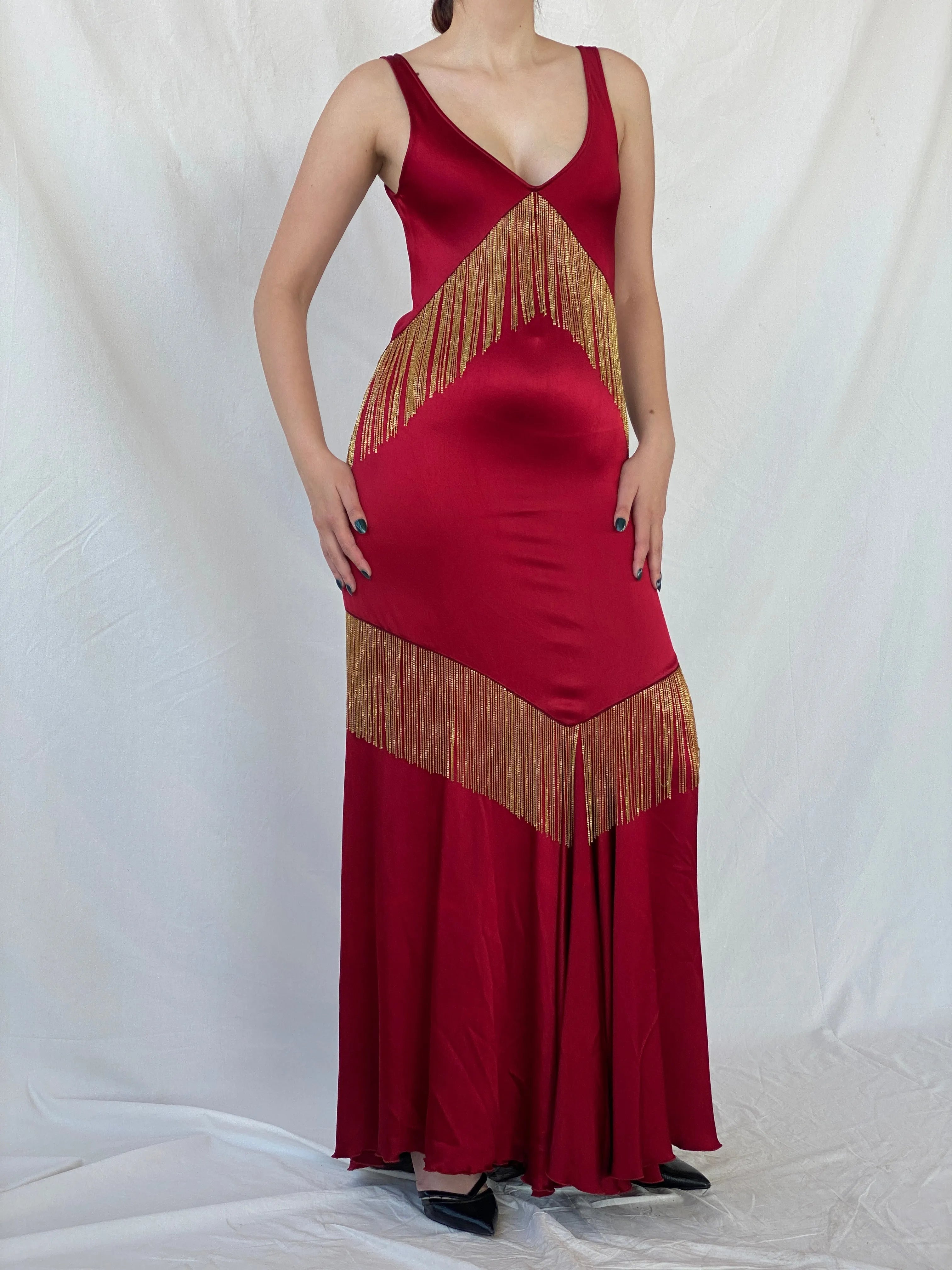 Absolutely Beautiful Ranjana Khan Burgundy Silk Gold Metal Fringe Sleeveless V-Neck Gown - S - Balagan Vintage Maxi Dress Ayah, consignment, dress, maxi dress, Sadouf, Wedding Guest, winter