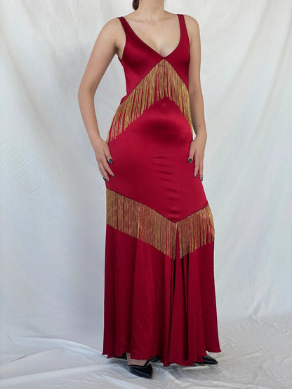 Absolutely Beautiful Ranjana Khan Burgundy Silk Gold Metal Fringe Sleeveless V-Neck Gown - S - Balagan Vintage Maxi Dress Ayah, consignment, dress, maxi dress, Sadouf, Wedding Guest, winter