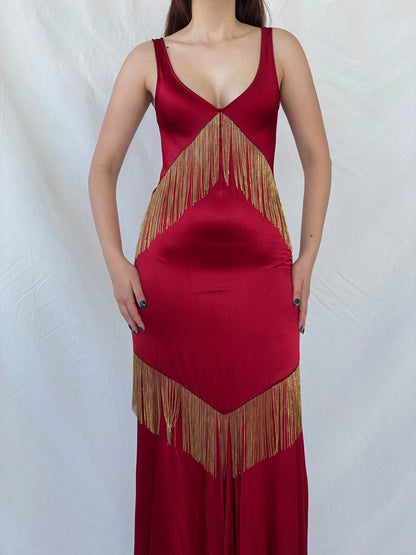 Absolutely Beautiful Ranjana Khan Burgundy Silk Gold Metal Fringe Sleeveless V-Neck Gown - S - Balagan Vintage Maxi Dress Ayah, consignment, dress, maxi dress, Sadouf, Wedding Guest, winter
