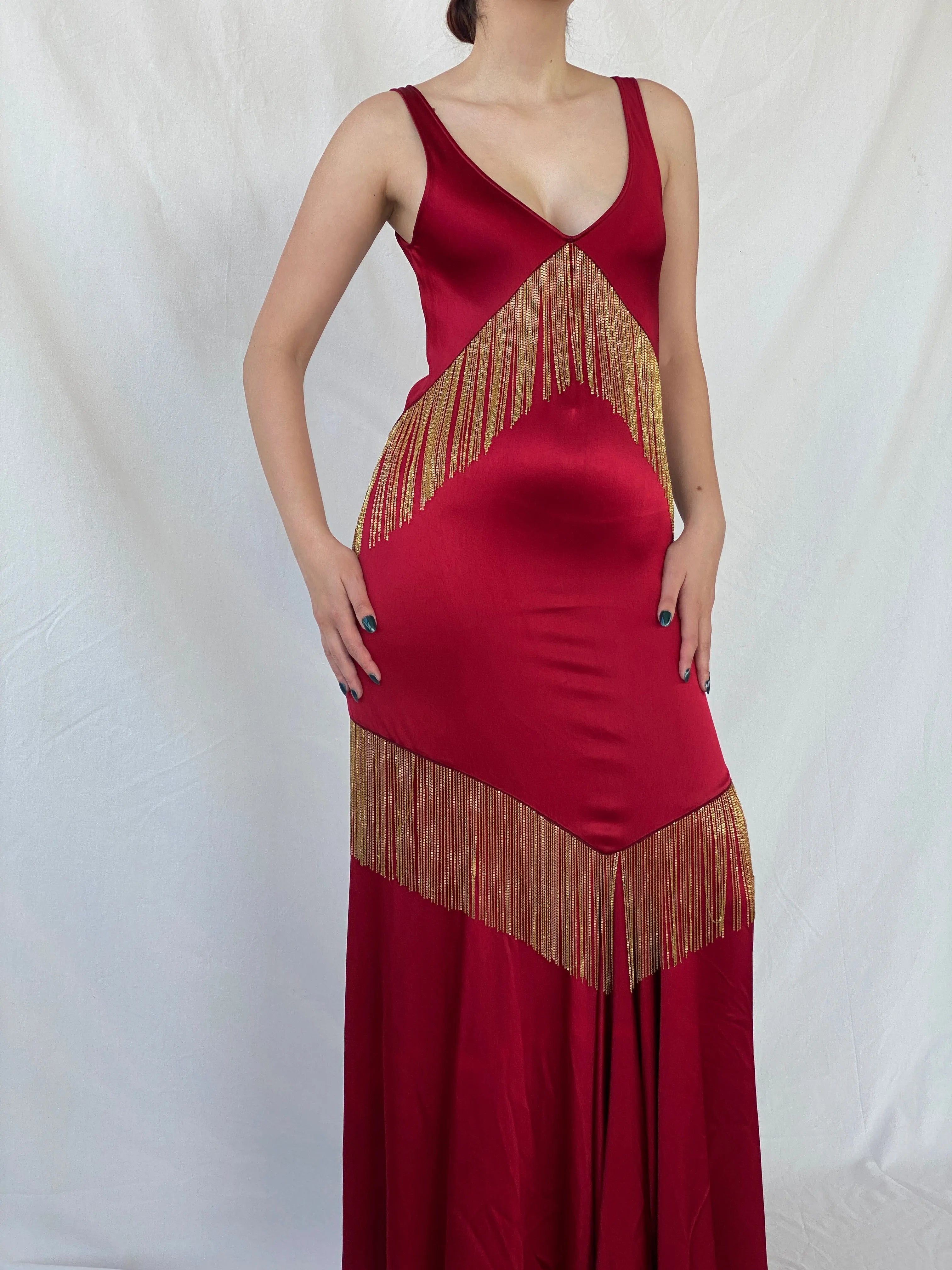 Absolutely Beautiful Ranjana Khan Burgundy Silk Gold Metal Fringe Sleeveless V-Neck Gown - S - Balagan Vintage Maxi Dress Ayah, consignment, dress, maxi dress, Sadouf, Wedding Guest, winter