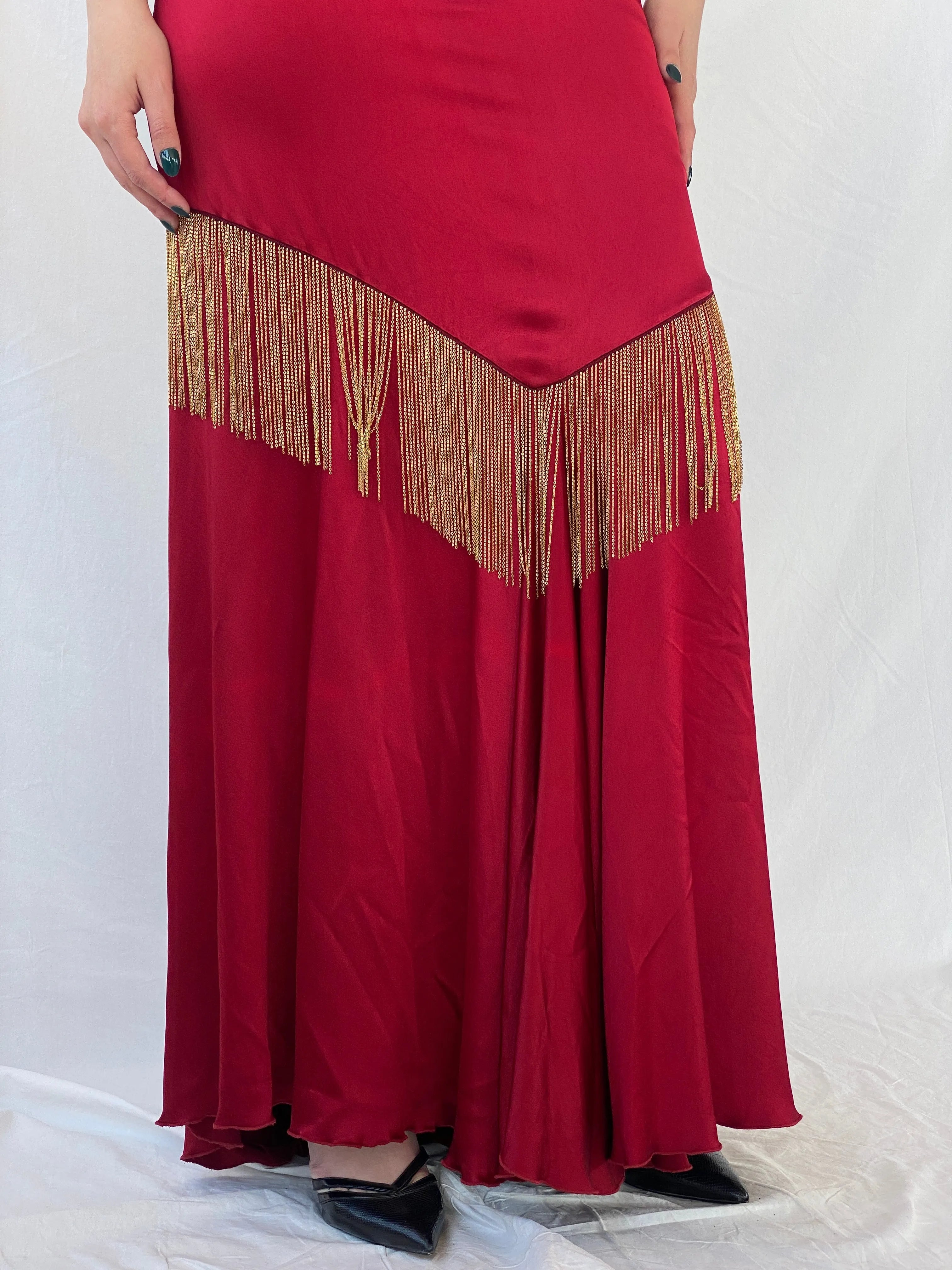 Absolutely Beautiful Ranjana Khan Burgundy Silk Gold Metal Fringe Sleeveless V-Neck Gown - S - Balagan Vintage Maxi Dress Ayah, consignment, dress, maxi dress, Sadouf, Wedding Guest, winter